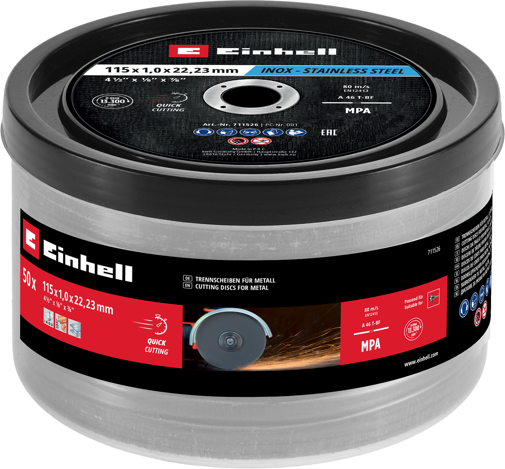 Einhell Inox-Gewebetrennscheiben-Set für Metall, gerade, extra du?nn, in Dose, 50-tlg., Ø 115 x 1 mm
