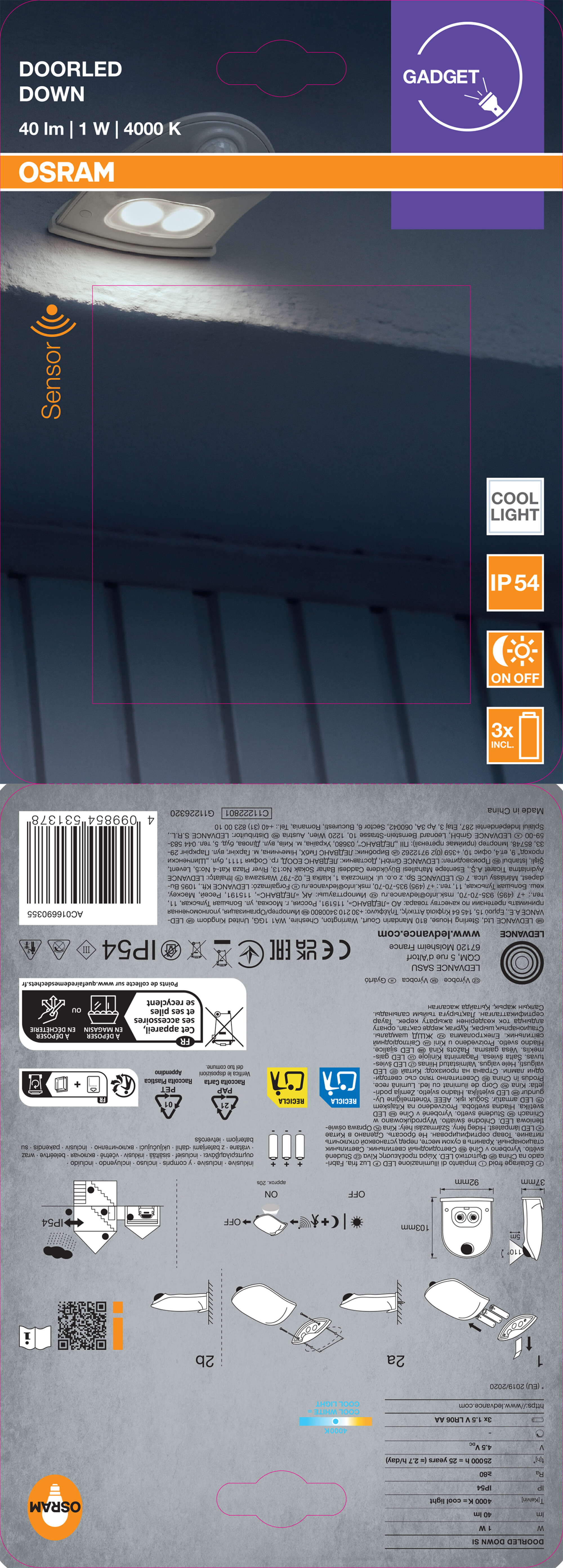Osram Außenleuchte "DoorLED Down" mit Sensor, 4000K, silber