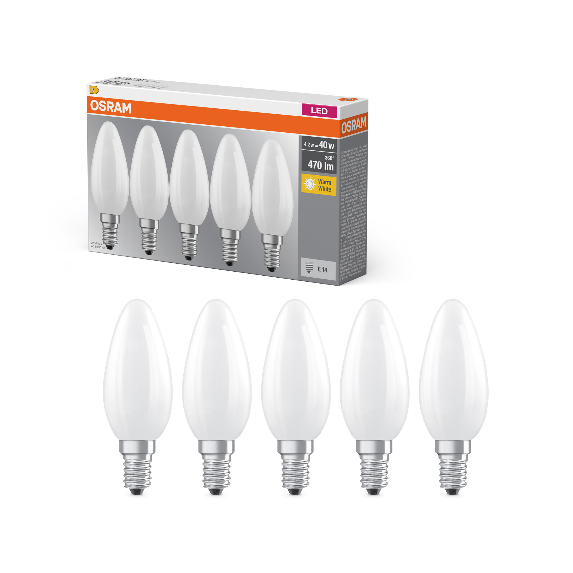 Osram LED Lampe Kerzenform, matt, wamrweiß, E14, 5er-Pack
