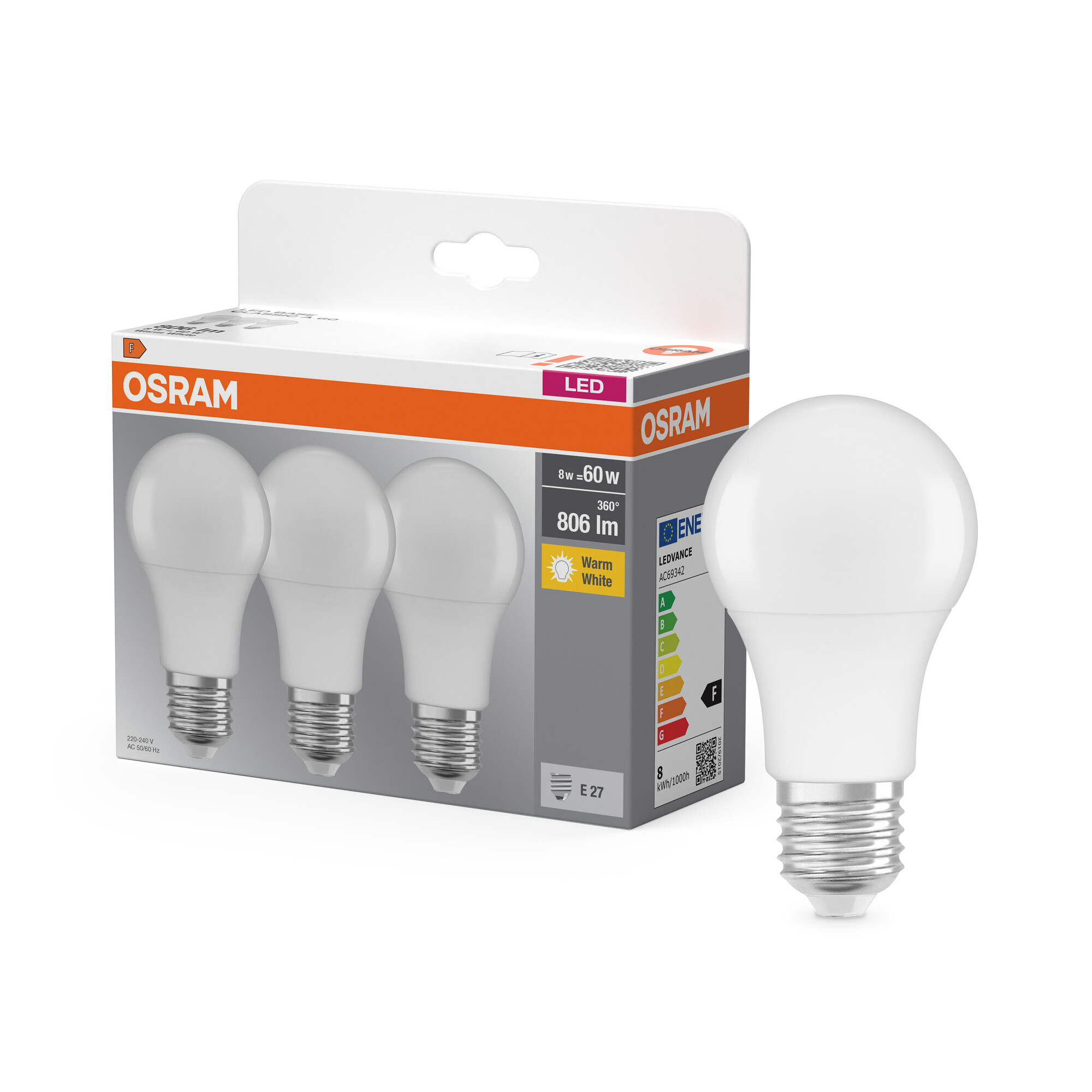 Osram LED Lampe Base Classic A60, E27, Warmweiß