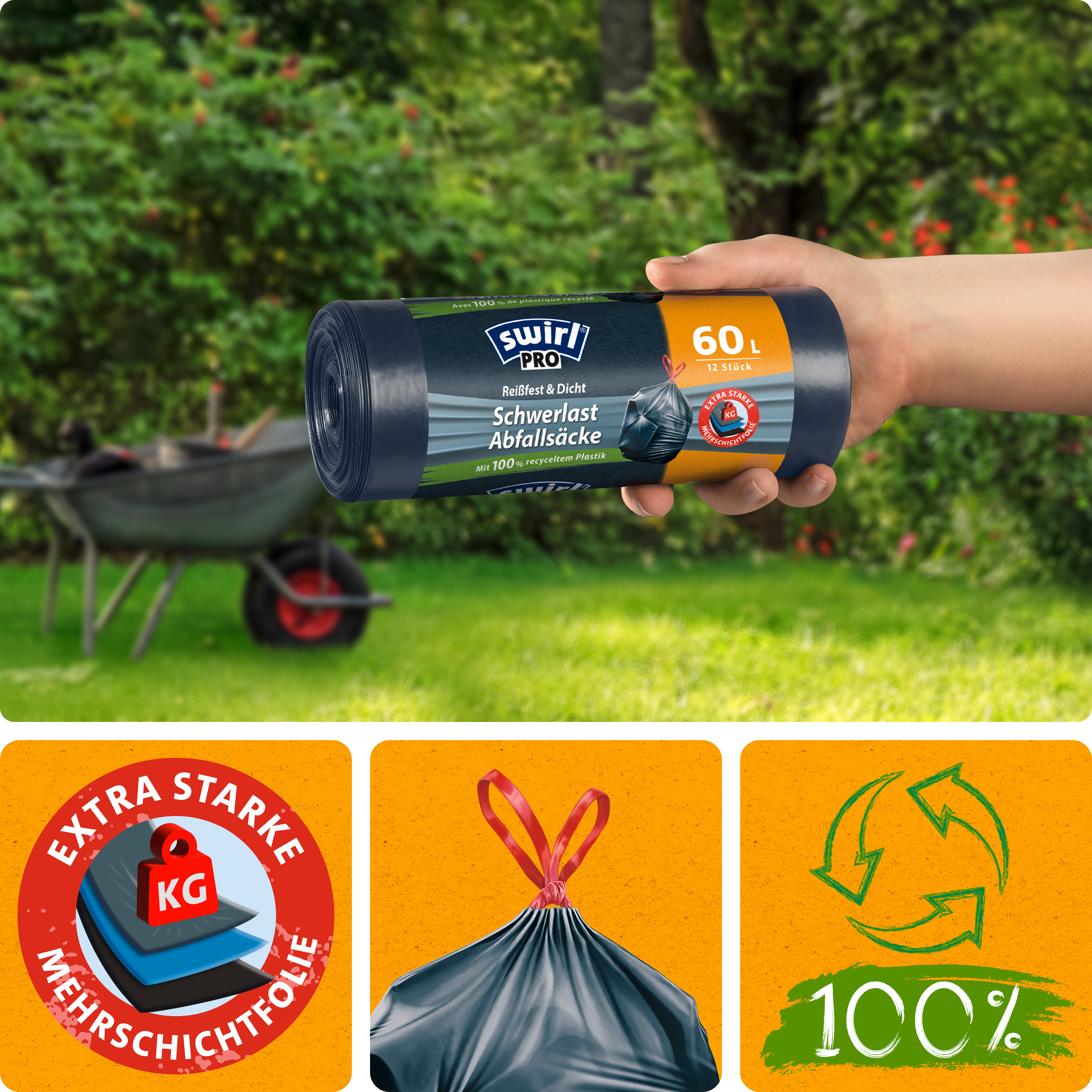 Swirl® Schwerlast-Säcke Profi mit Zugband, 60 l Swirl® Schwerlast-Säcke Profi mit Zugband, 60 l