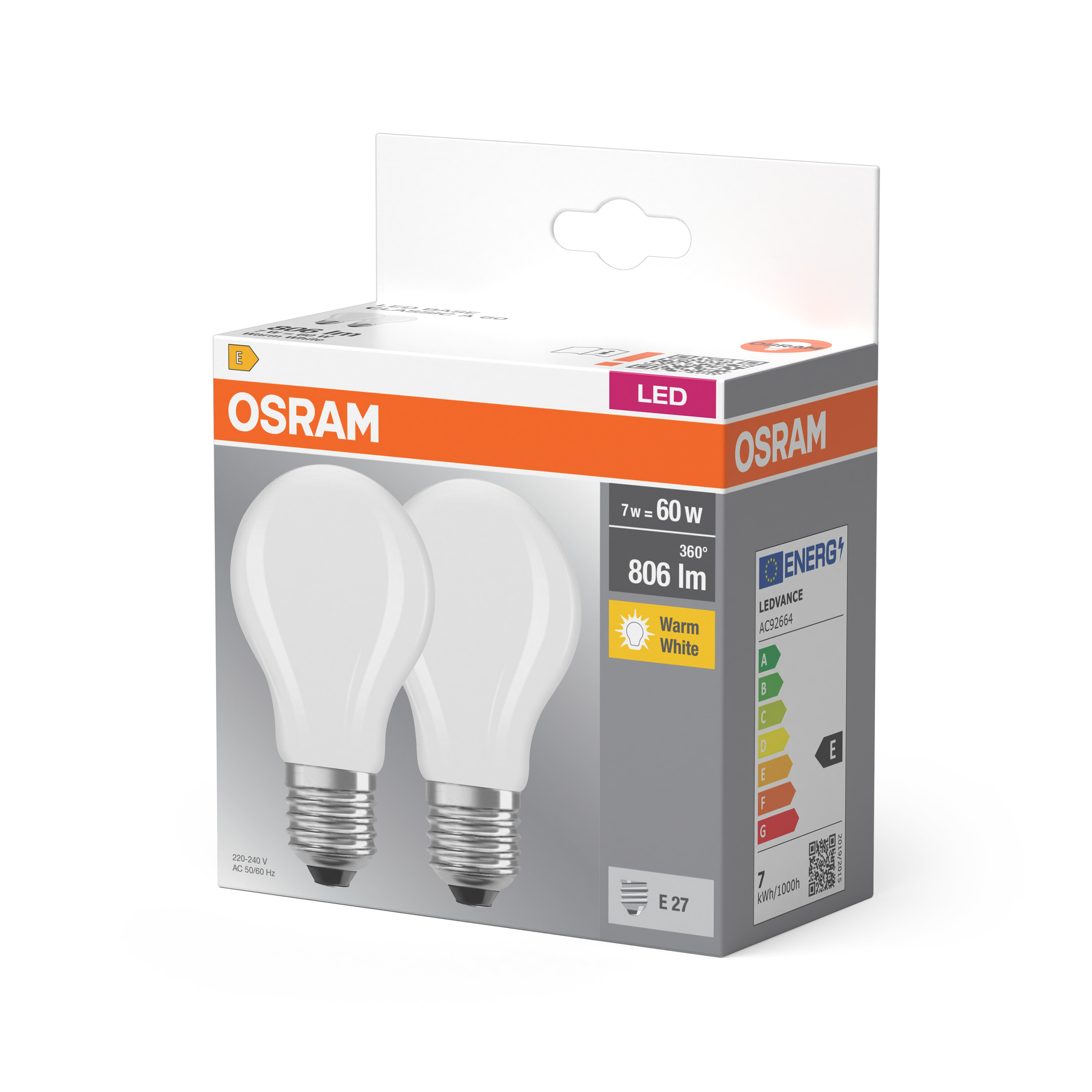Osram LED Lampe Base CLA60, E27, Warmweiß milchig