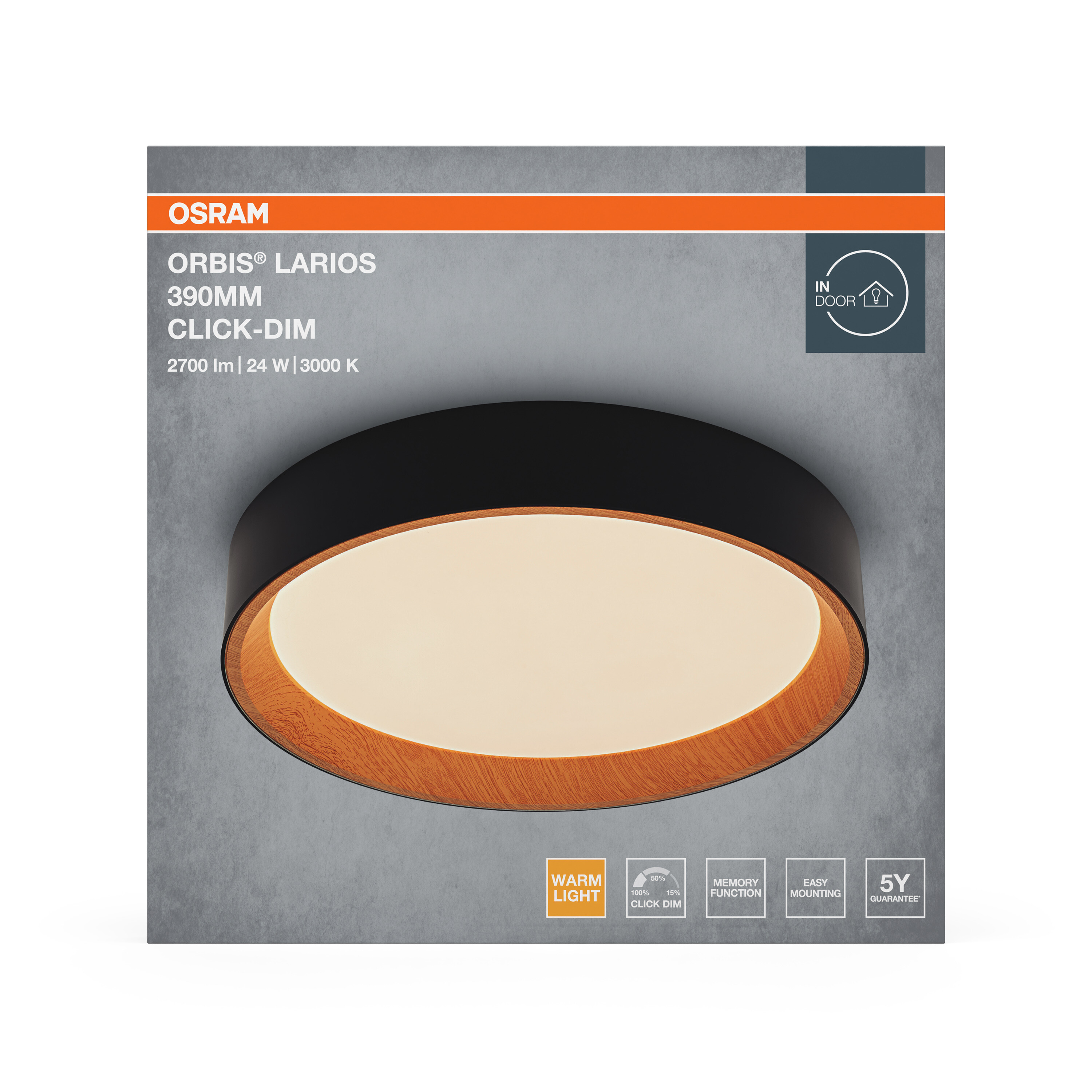 Osram Led Deckenleuchte "Orbis Larios", 390 mm, 24W, 830, Holzdekor/schwarz
