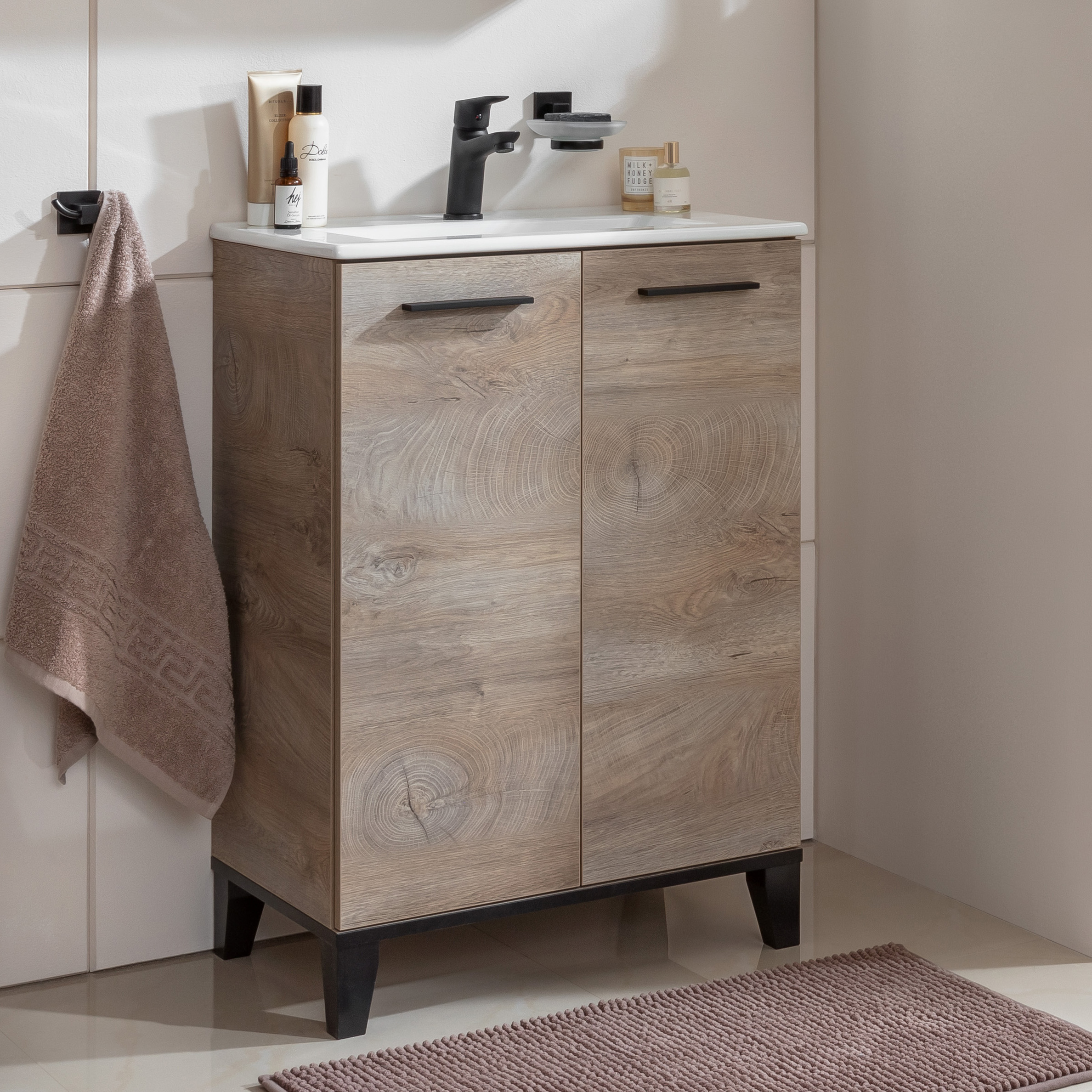 Fackelmann Set TE-A Keramik-Waschtisch + Waschtischunterschrank, Nature-Oak-Optik