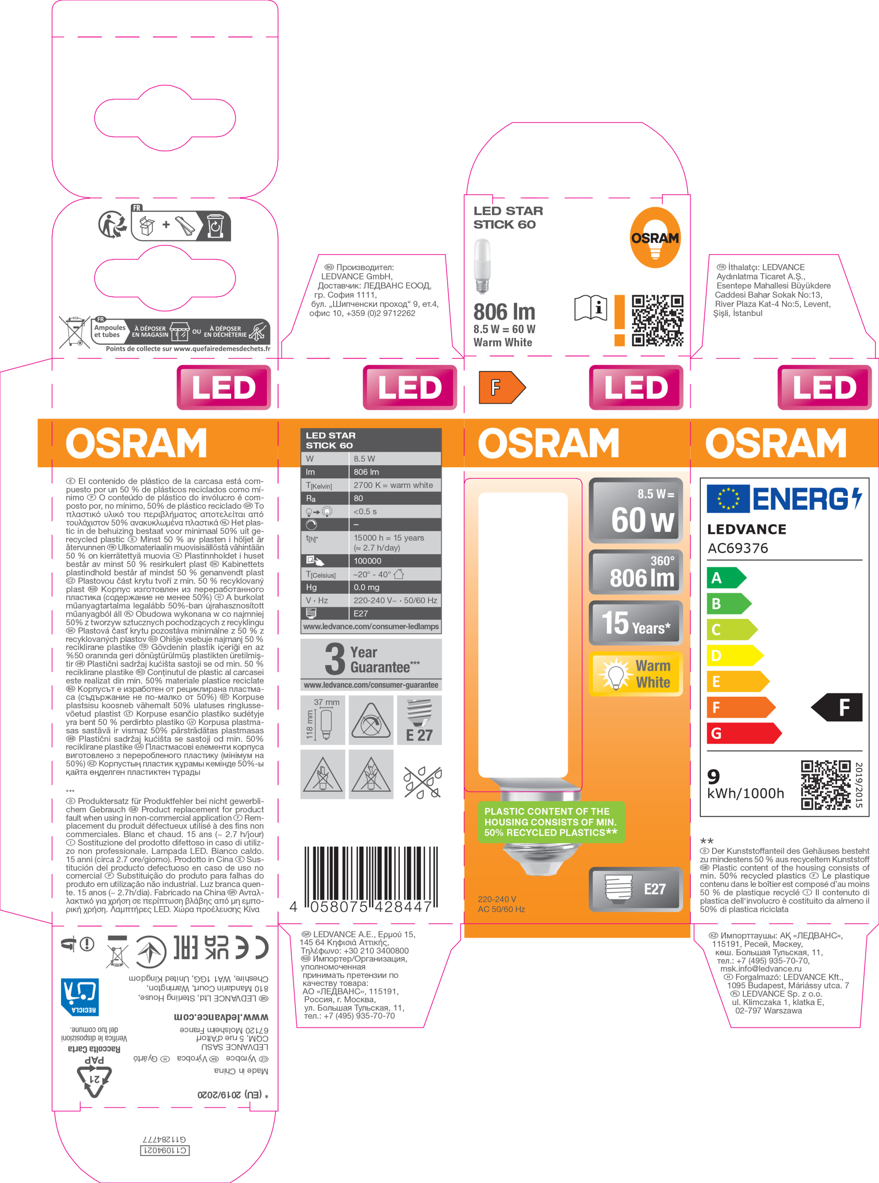 Osram Leuchtmittel LED Star Stick, 60 FR 8 W/2700K, E27
