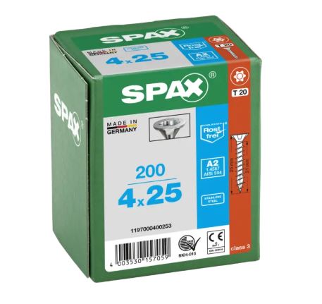SPAX Edelstahlschraube, 4 x 25 mm, Vollgewinde, Senkkopf, T20, 4CUT, Edelstahl rostfrei A2 - 1197000400253