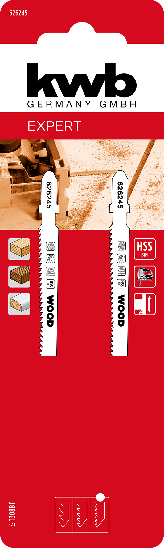 kwb HSS-BiM-Stichsägeblätter mit T-Schaft für Holz, gegenläufige Zahnung, fein, 117 mm