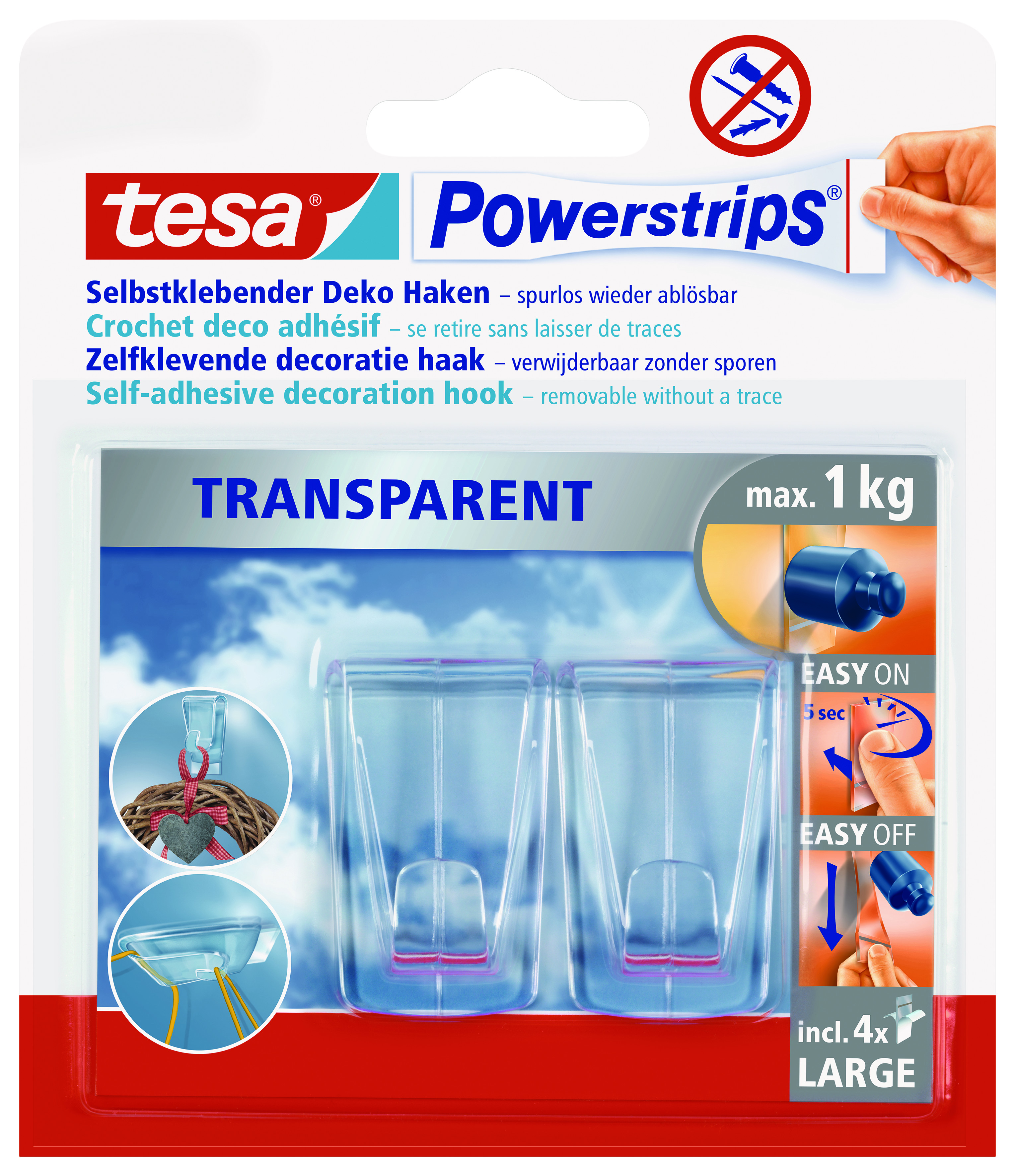 622468-Tesa-Power-trans-deco-haken-L tesa Powerstrips Selbstklebeneder Deko Haken Large, transparent