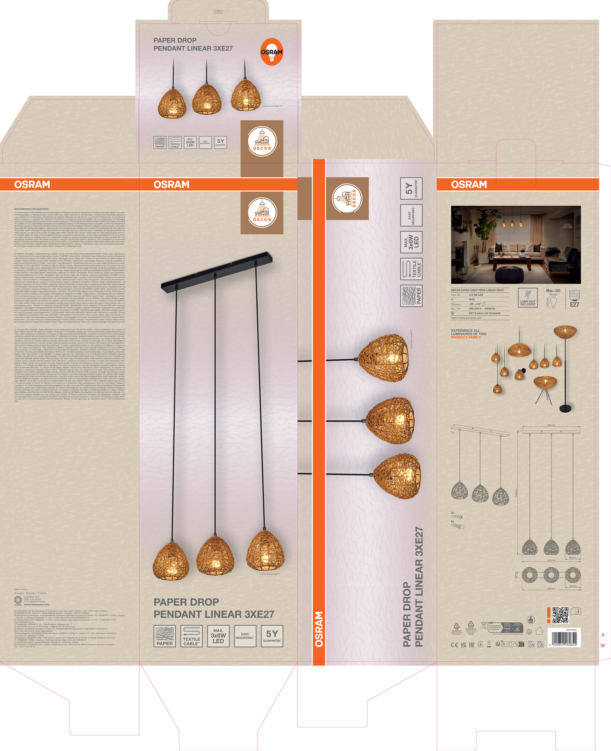 Osram Decor Pendelleuchte Linear, 3xE27, schwarz