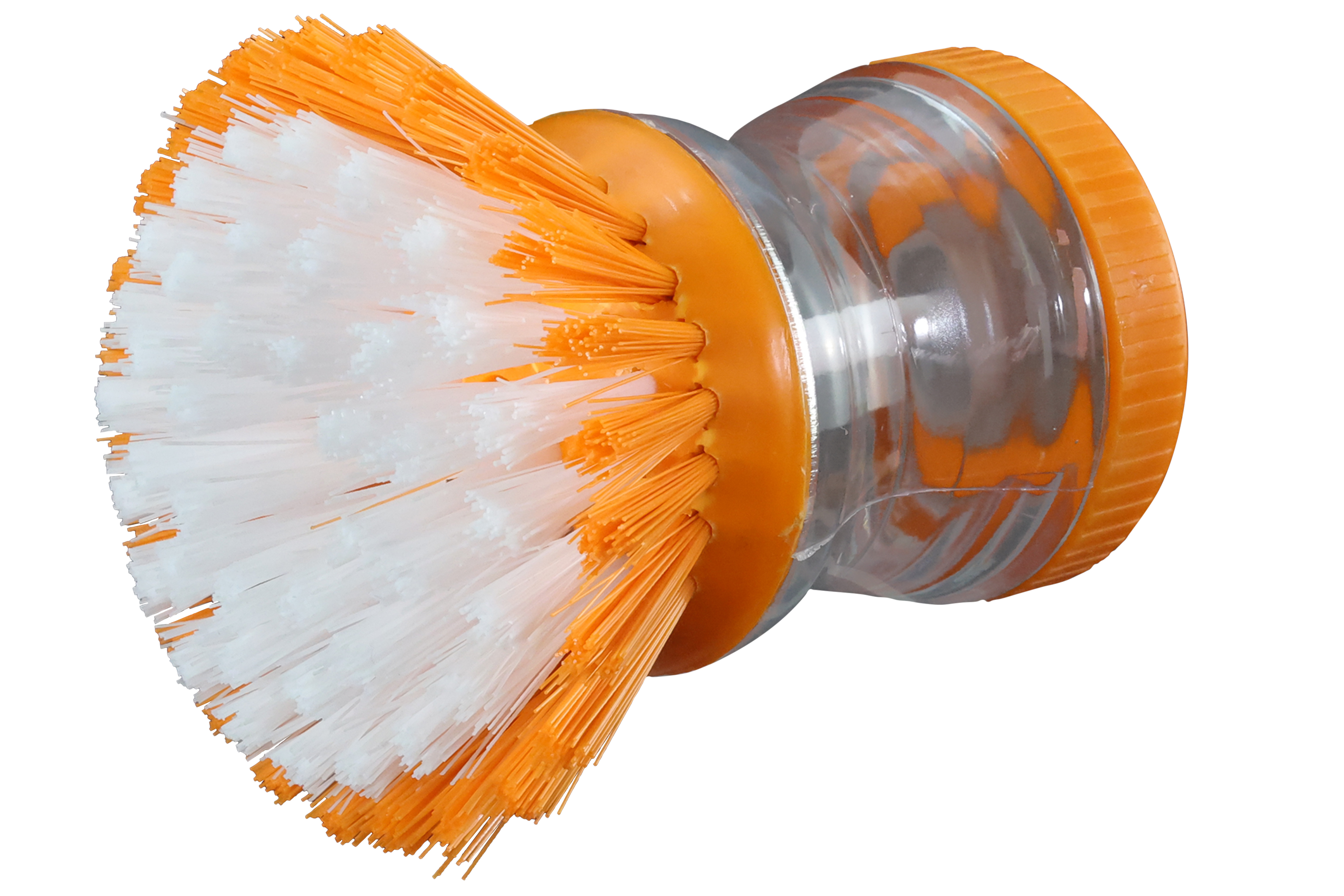 Bürstenmann Topfbürste mit Spülmitteldepot, Kunststoff, Orange-Transparent Kunstborsten (L 9,5 cm, Ø 8 cm)