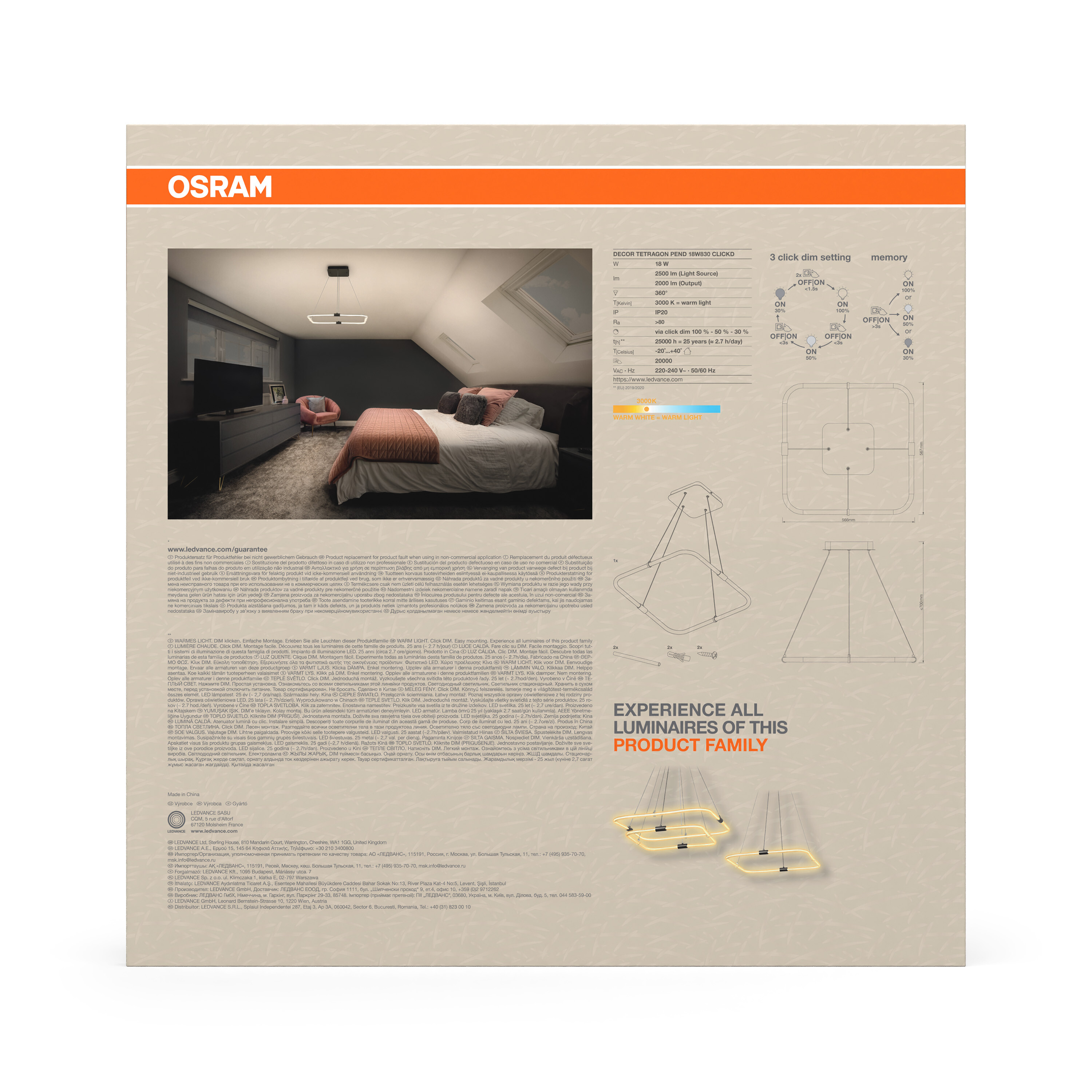 Osram Decor Tetragon Pendelleuchte, Warmweiß, 18W