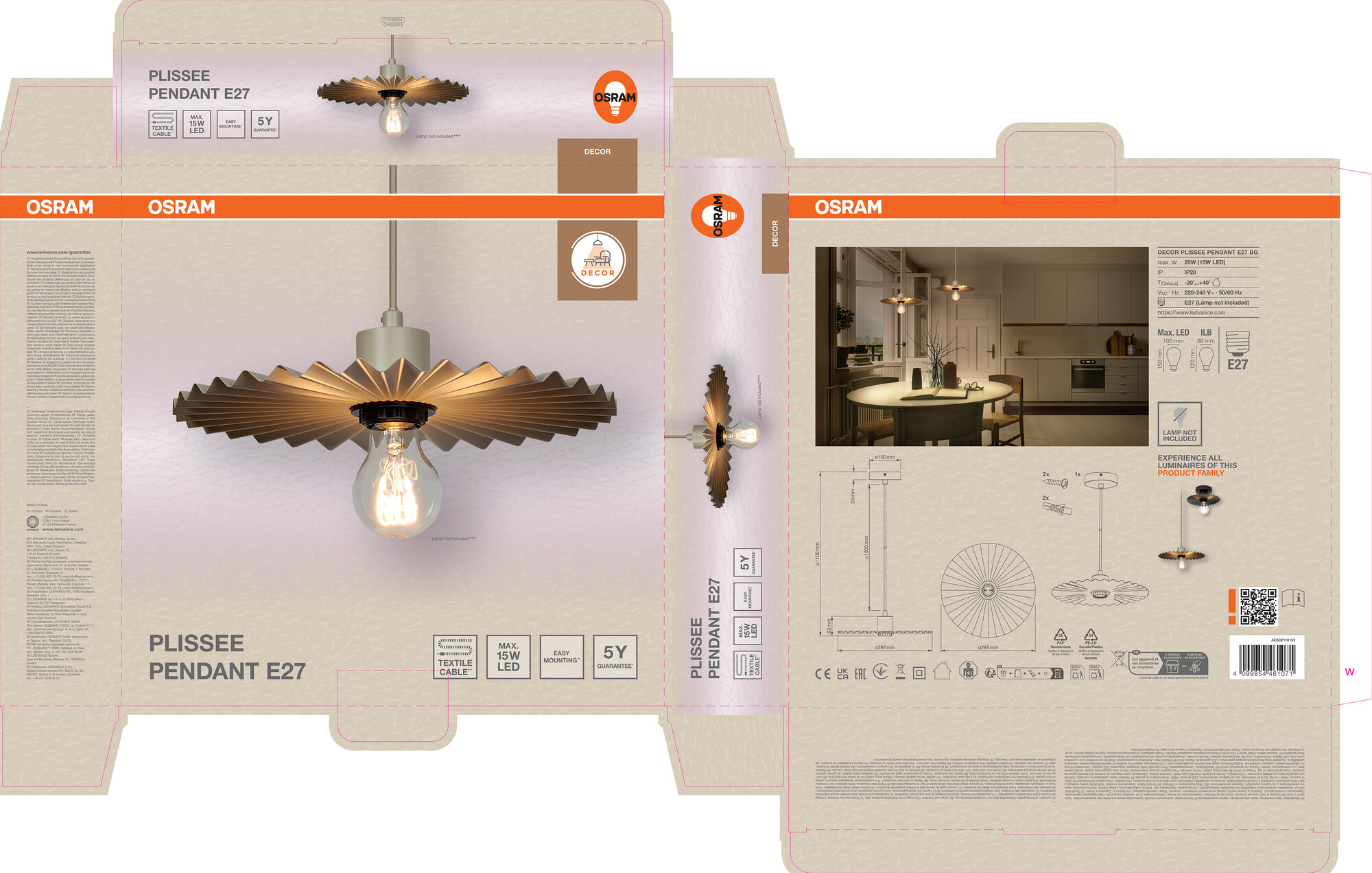 Osram Decor Plissee Pendelleuchte E27, schwarz