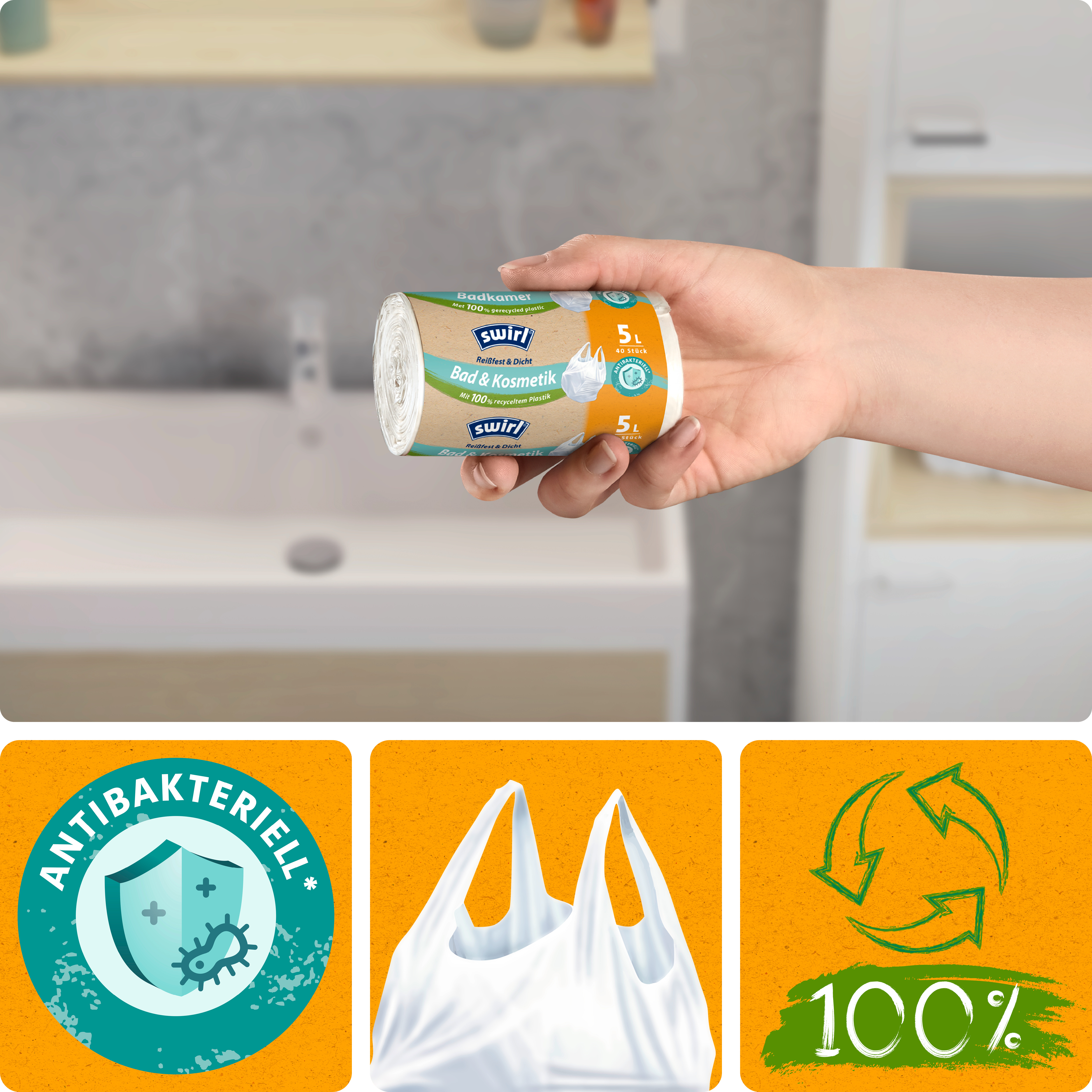 Swirl® Tragegriff-Müllbeutel Bad- & Kosmetik, 5 l Swirl® Tragegriff-Müllbeutel Bad- & Kosmetik, 5 l