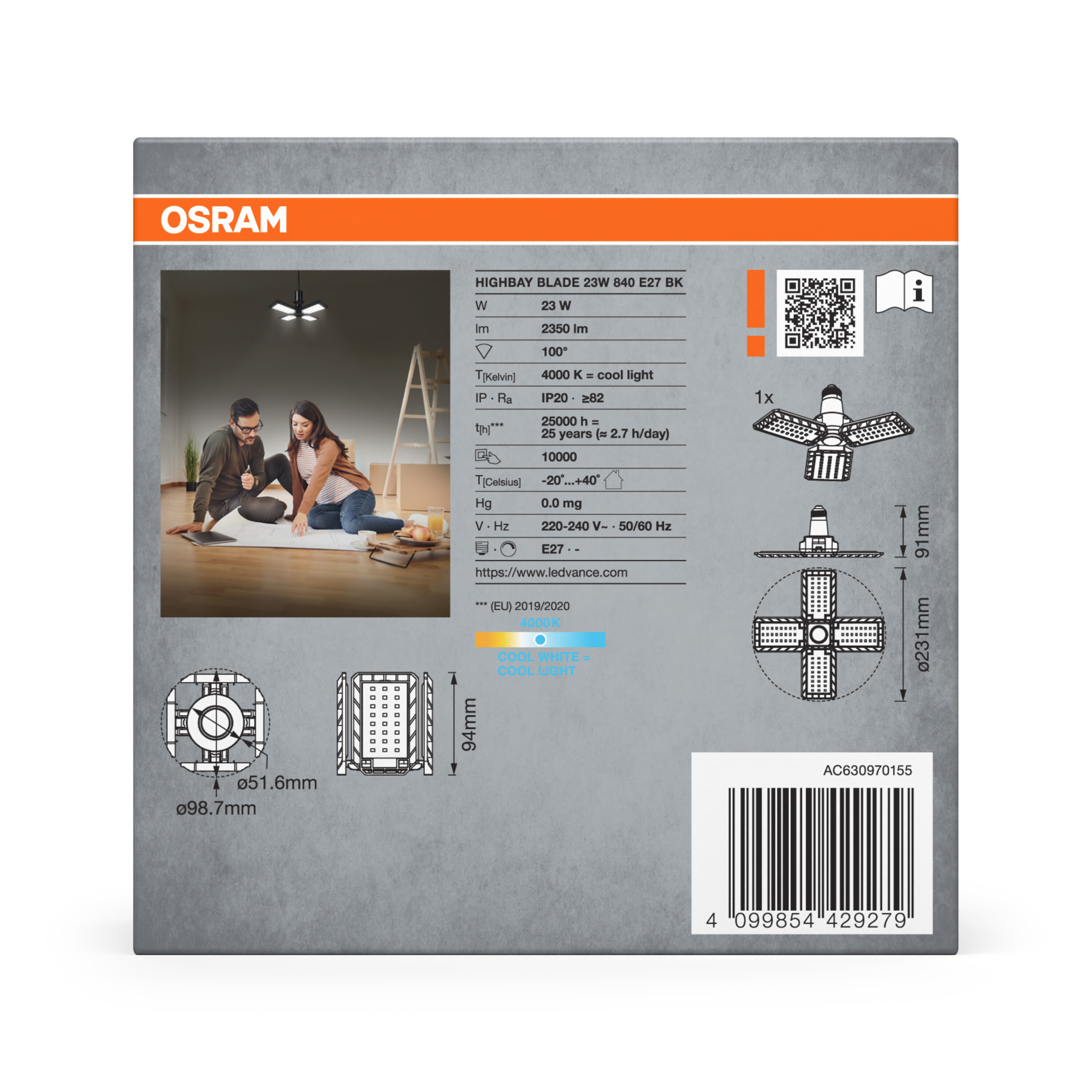 Osram Highbay Blade Deckenlampe mit Flügeln, E27, 23W