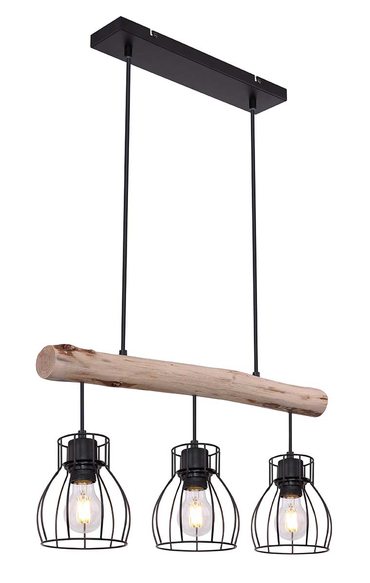 711955_a GLOBO HÄNGELEUCHTE 3XE27 METALL SCHWARZ/HOLZ