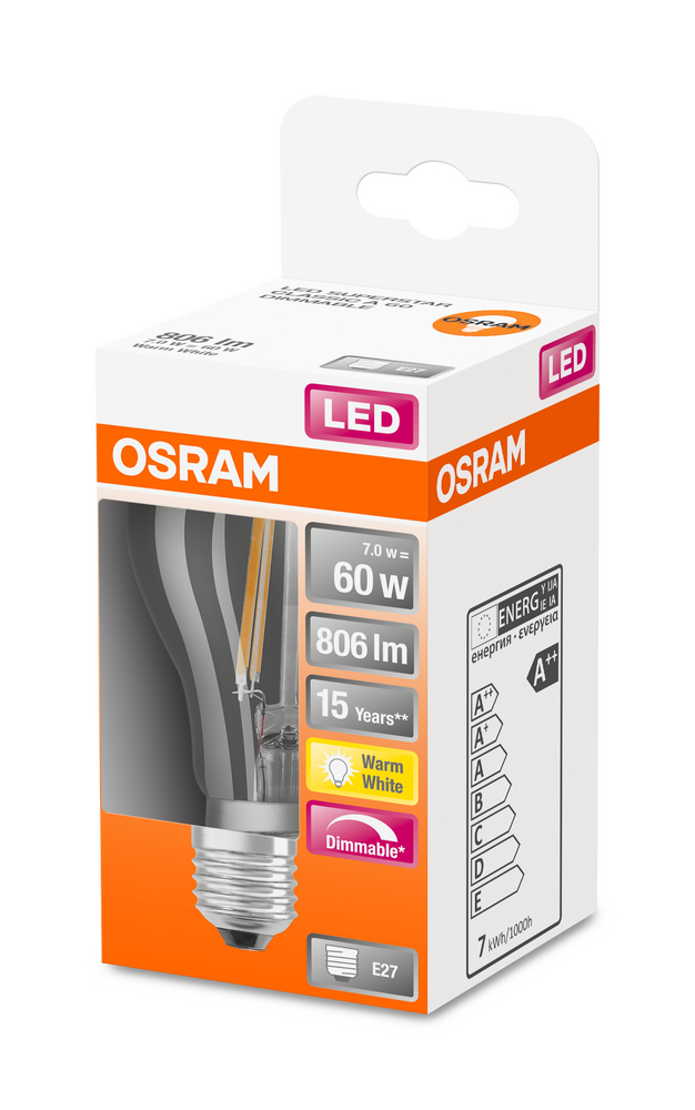 OSRAM LEUCHTMITTEL LED CLA60D FIL 7W/827 E27 230V 