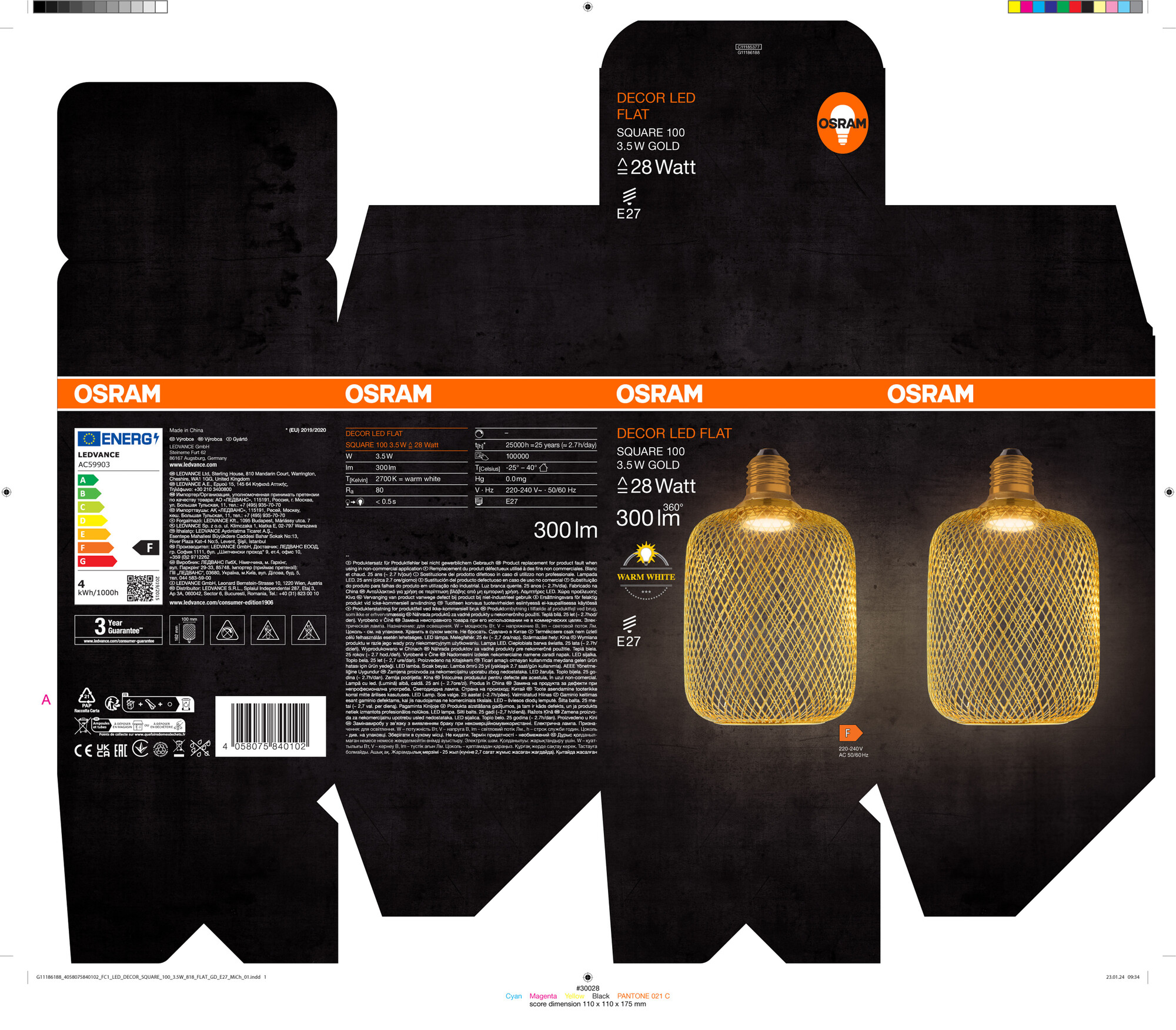 Osram LED Flatlampe 100 mm, schwarz, warmweiß, E27