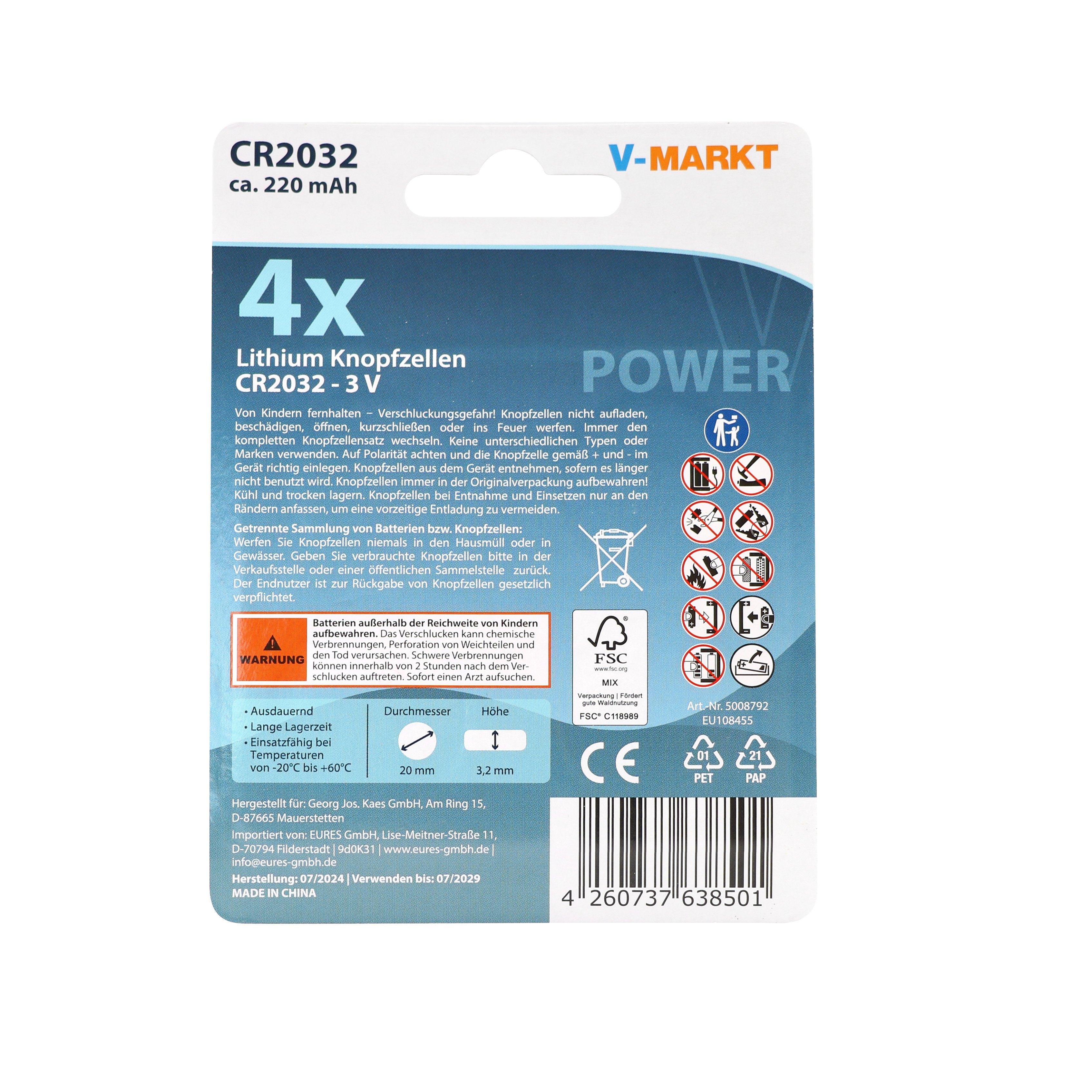 V-Markt Knopfzellen CR 2032, 4 Stück V-Markt Knopfzellen CR 2032, 4 Stück
