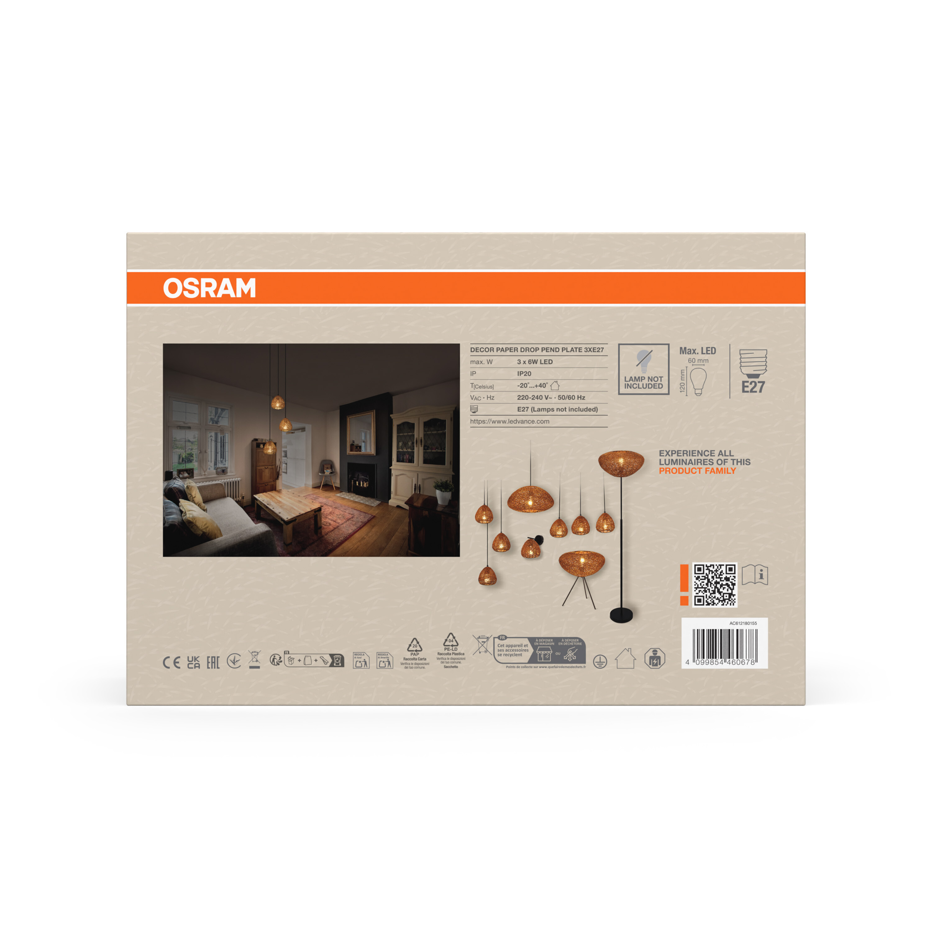 Osram Decor Pendelleuchte Plate, 3xE27, schwarz