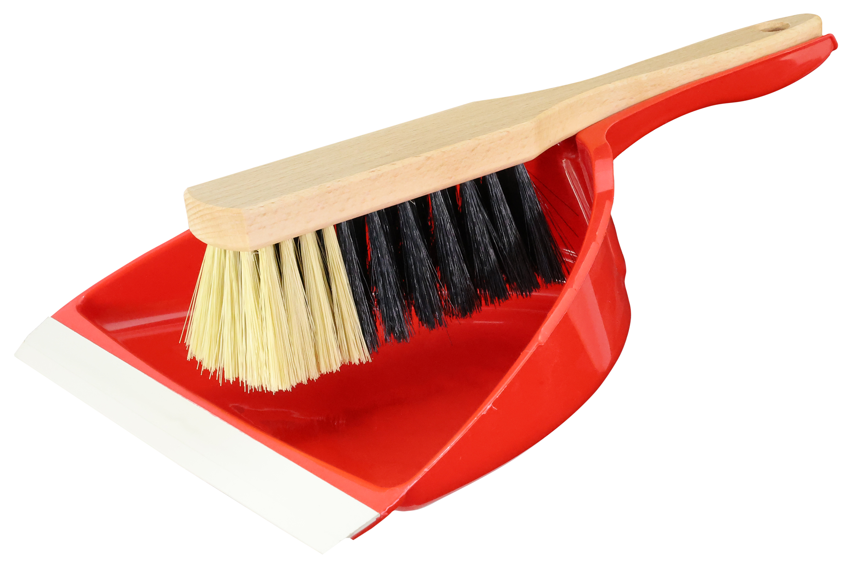 Bürstenmann Kehrgarnitur FSC® oval, Kunststoffschaufel Rot mit Holzhandfeger (L 33cm x B 23 cm)