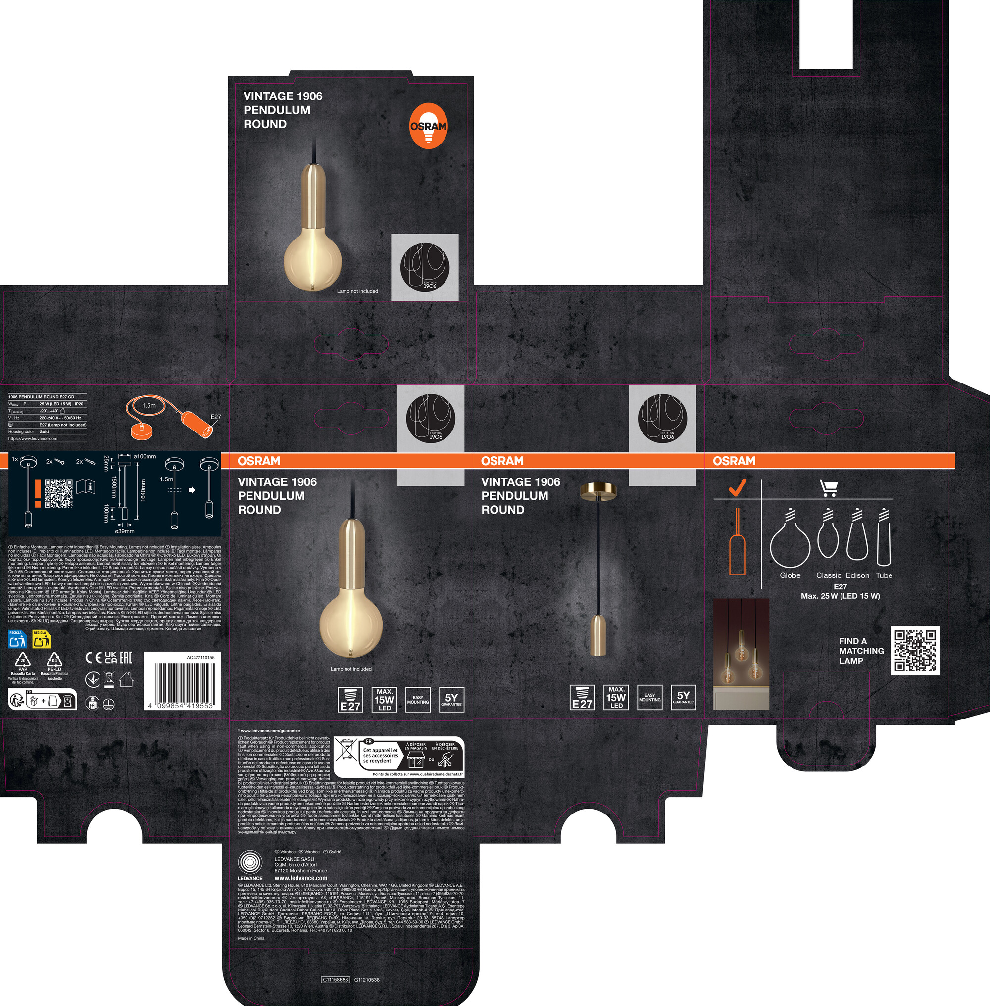 Osram Vintage 1906 Pendelleuchte Round, E27, gold