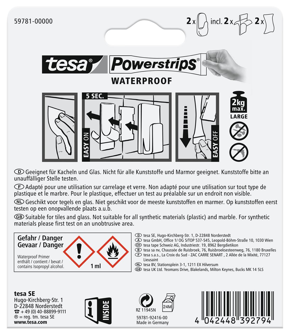 tesa_PS_Waterproof_hooks_597810000000_LI416_back_pa tesa Powerstrips Selbstklebeneder Haken Waterproof Large, Plastik weiß