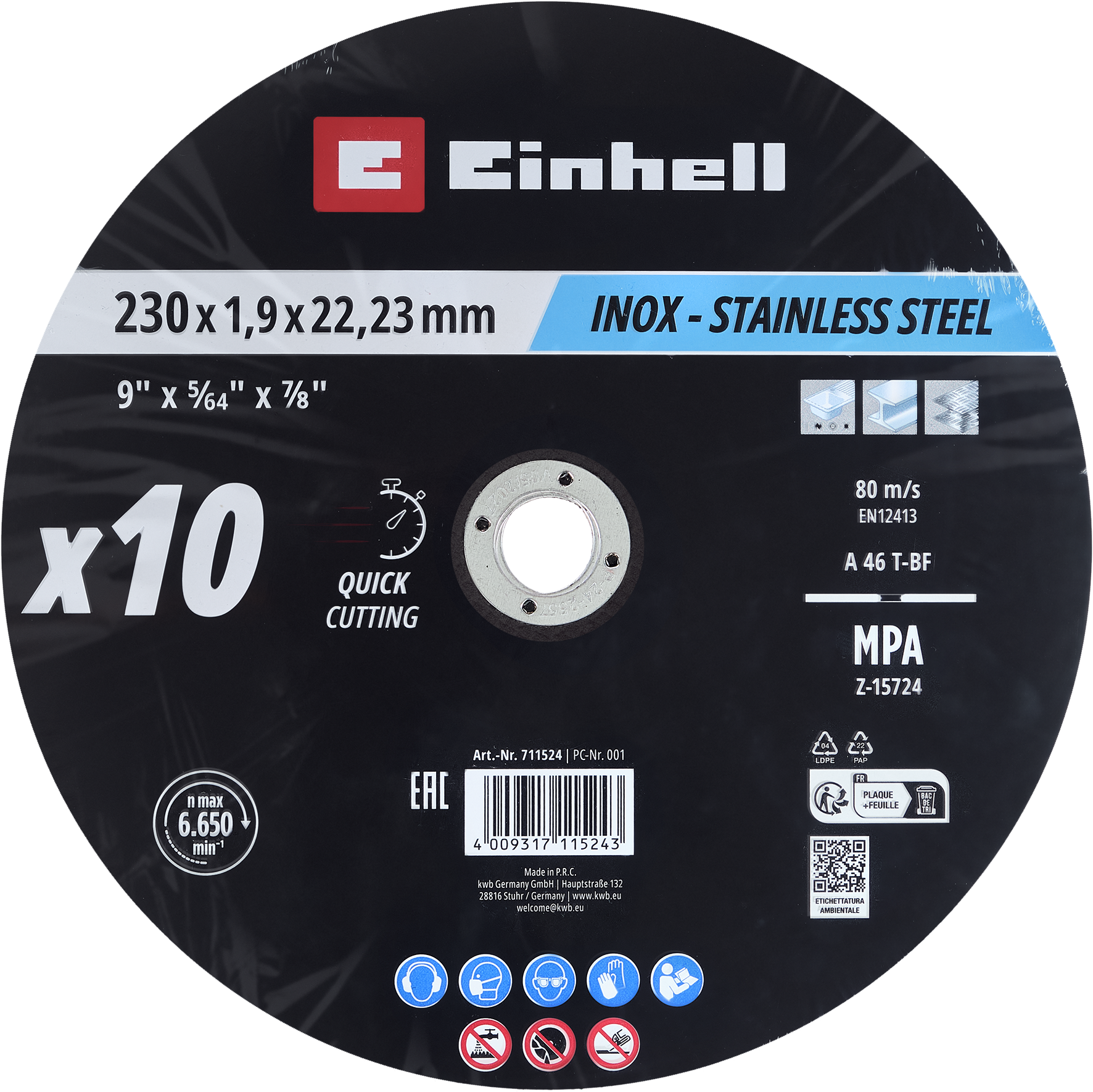Einhell Inox-Gewebetrennscheiben-Set für Metall, gerade, extra du?nn, 10-tlg., Ø 230 x 2 mm