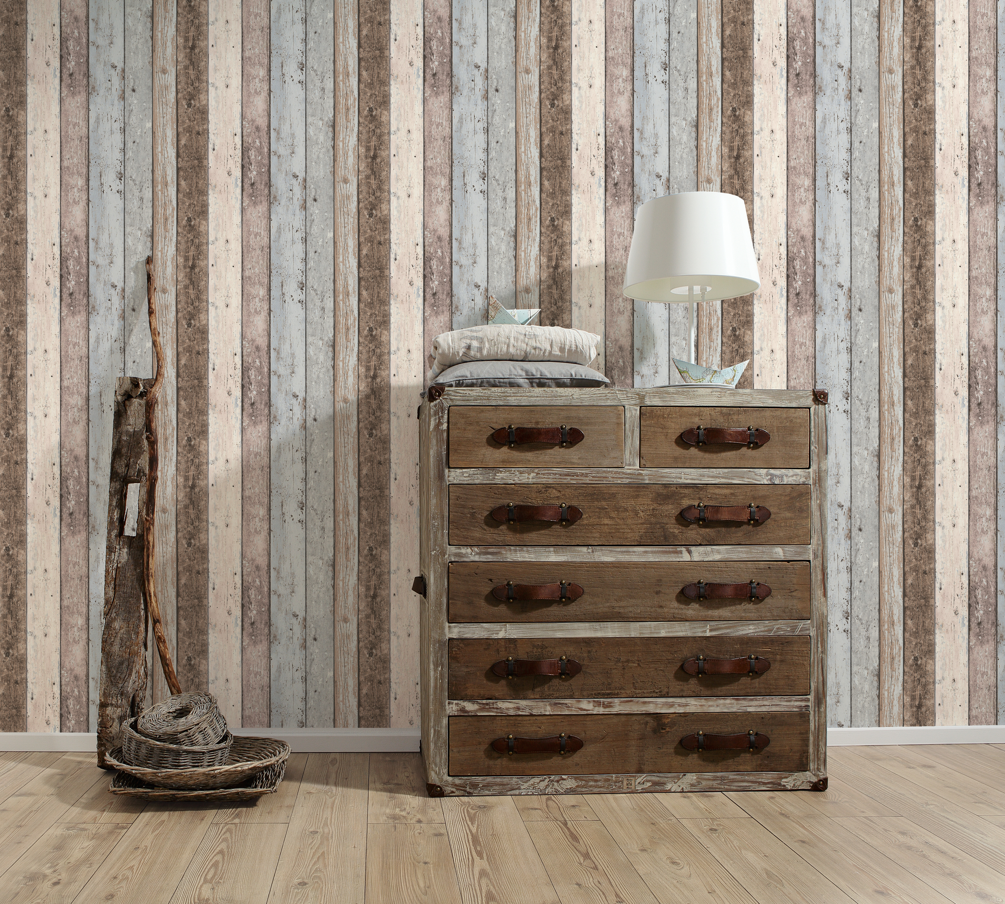 A.S. Création Vliestapete, holzoptik bunt beige grau – vintage paneeltapete im shabby chic stil