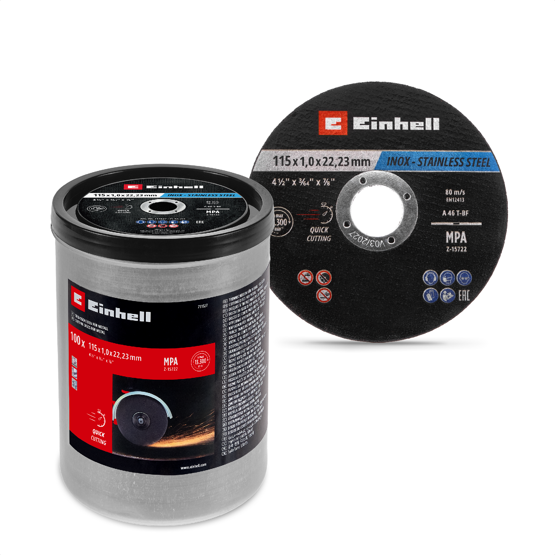 Einhell Inox-Gewebetrennscheiben-Set für Metall, gerade, extra du?nn, in Dose, 100-tlg., Ø 115 x 1 mm