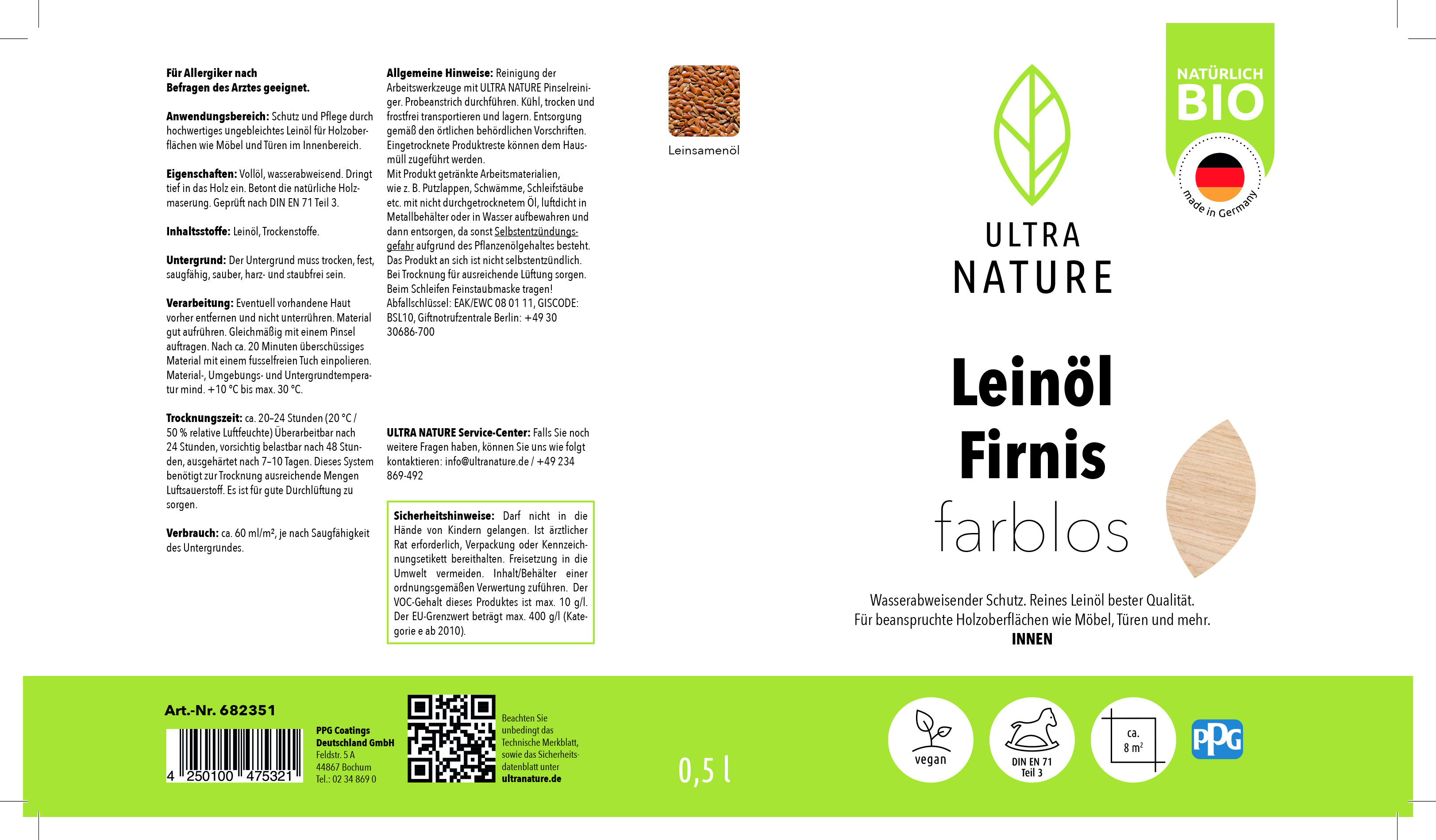 Ultra Nature Leinöl firnis Farblos, 0,5 l Ultra Nature Leinöl firnis Farblos, 0,5 l