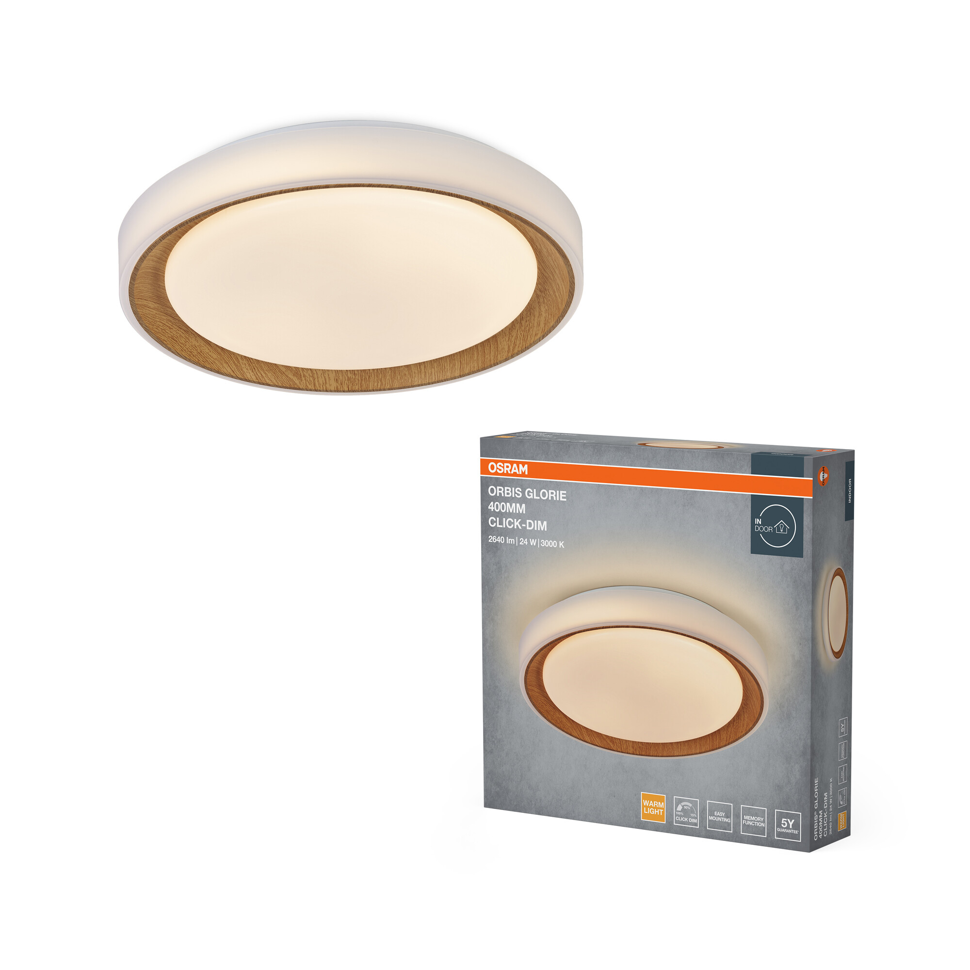 Osram Led Deckenleuchte "Orbis Glorie", 400 mm, 24W, 830, Holzdekor