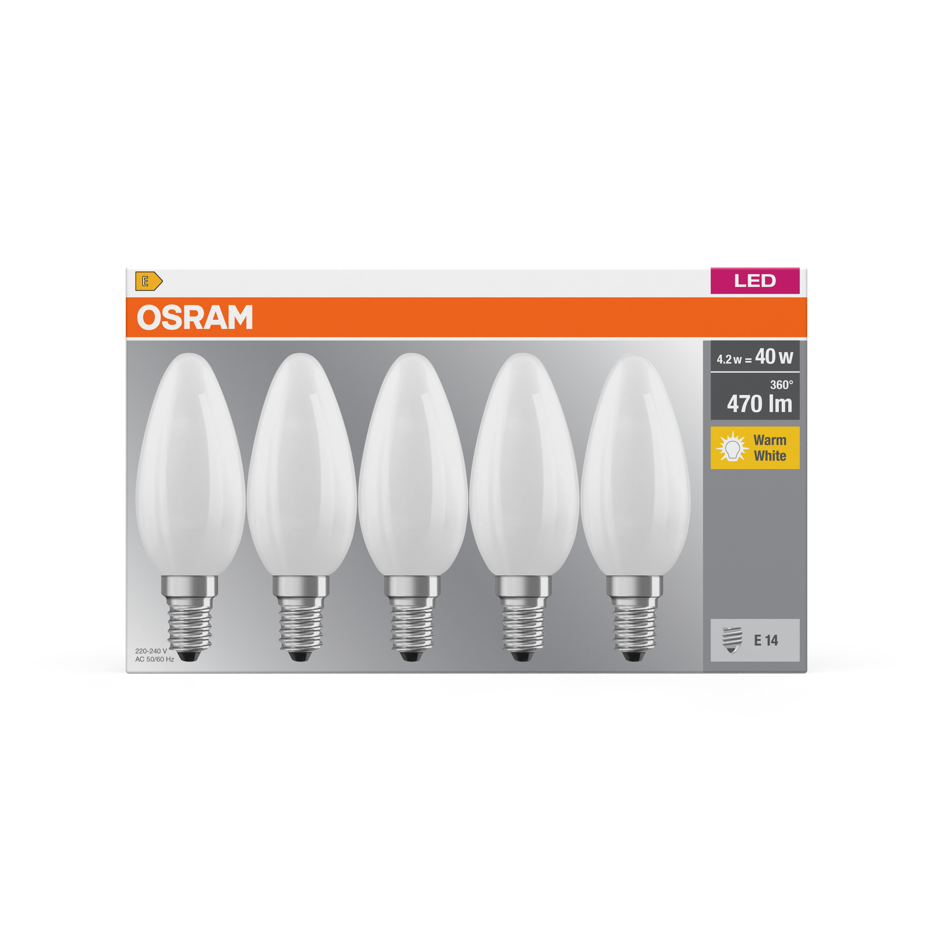 Osram LED Lampe Kerzenform, matt, wamrweiß, E14, 5er-Pack