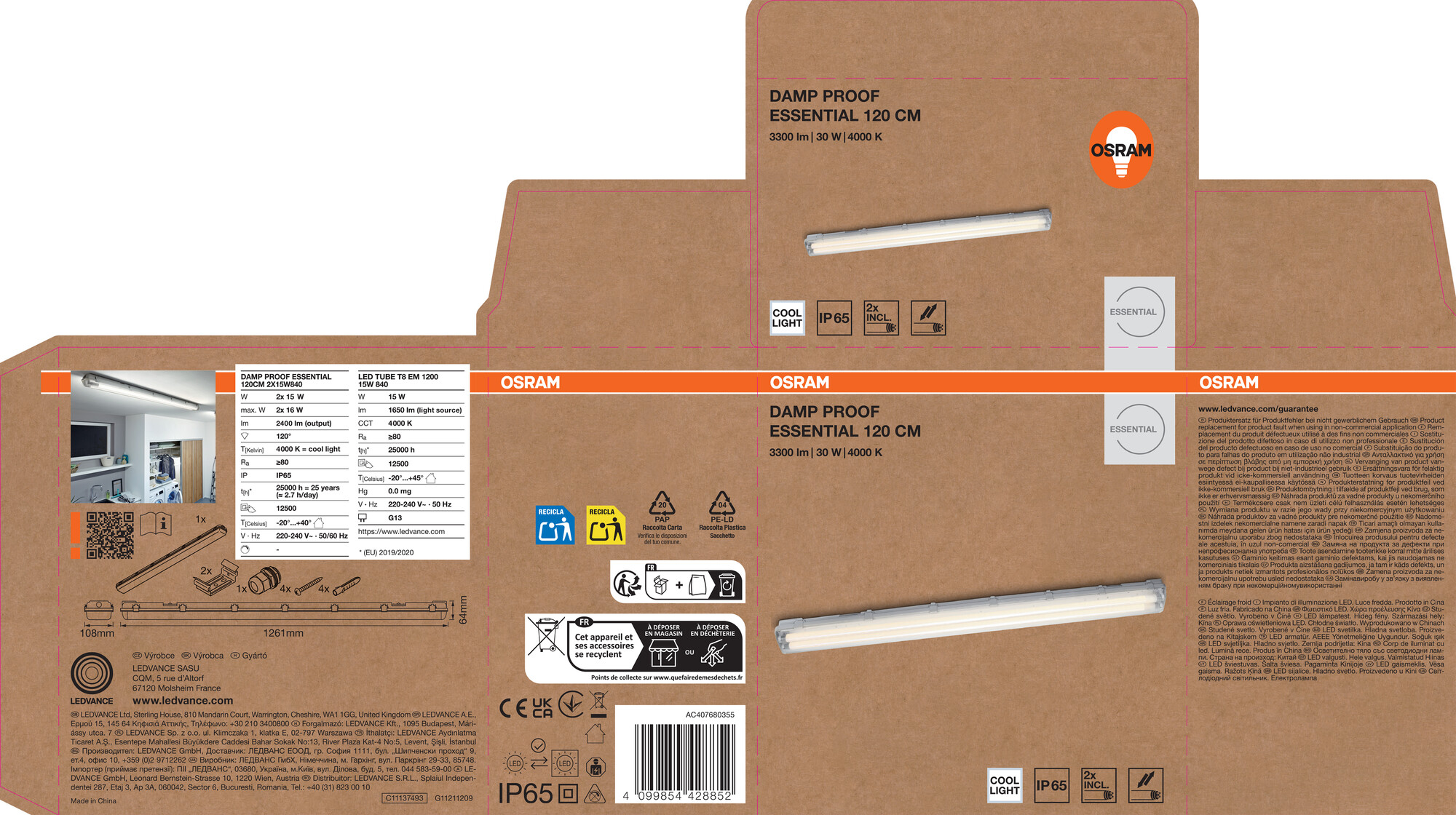Osram Feuchtraumlampe Essential, 120 cm, 2X15W