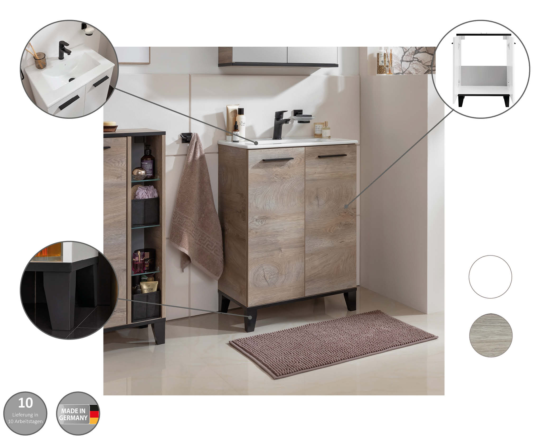 Fackelmann Set TE-A Keramik-Waschtisch + Waschtischunterschrank, Nature-Oak-Optik