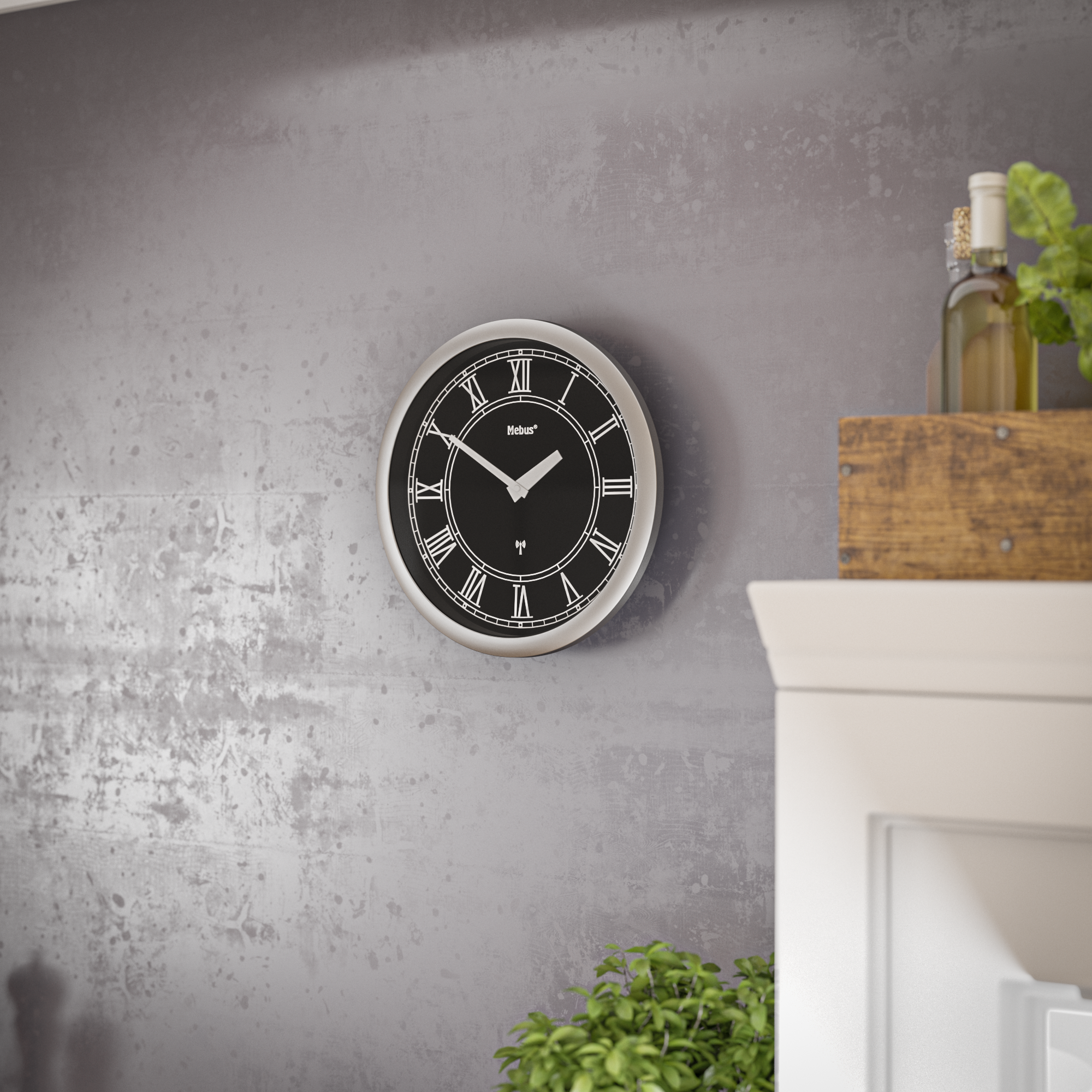 Mebus Funkwanduhr, Ø 25 cm, schwarz, römisch