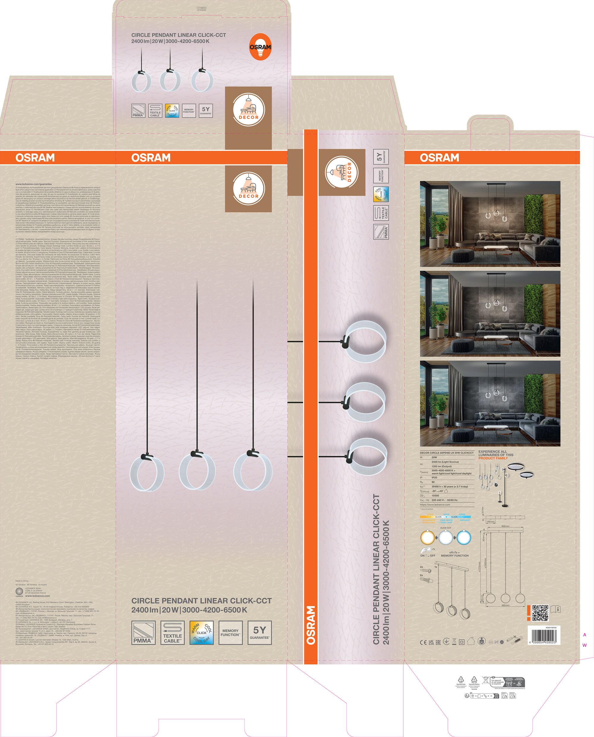 Osram Decor Runde Pendelleuchte, 3 Pendel, 20W, schwarz