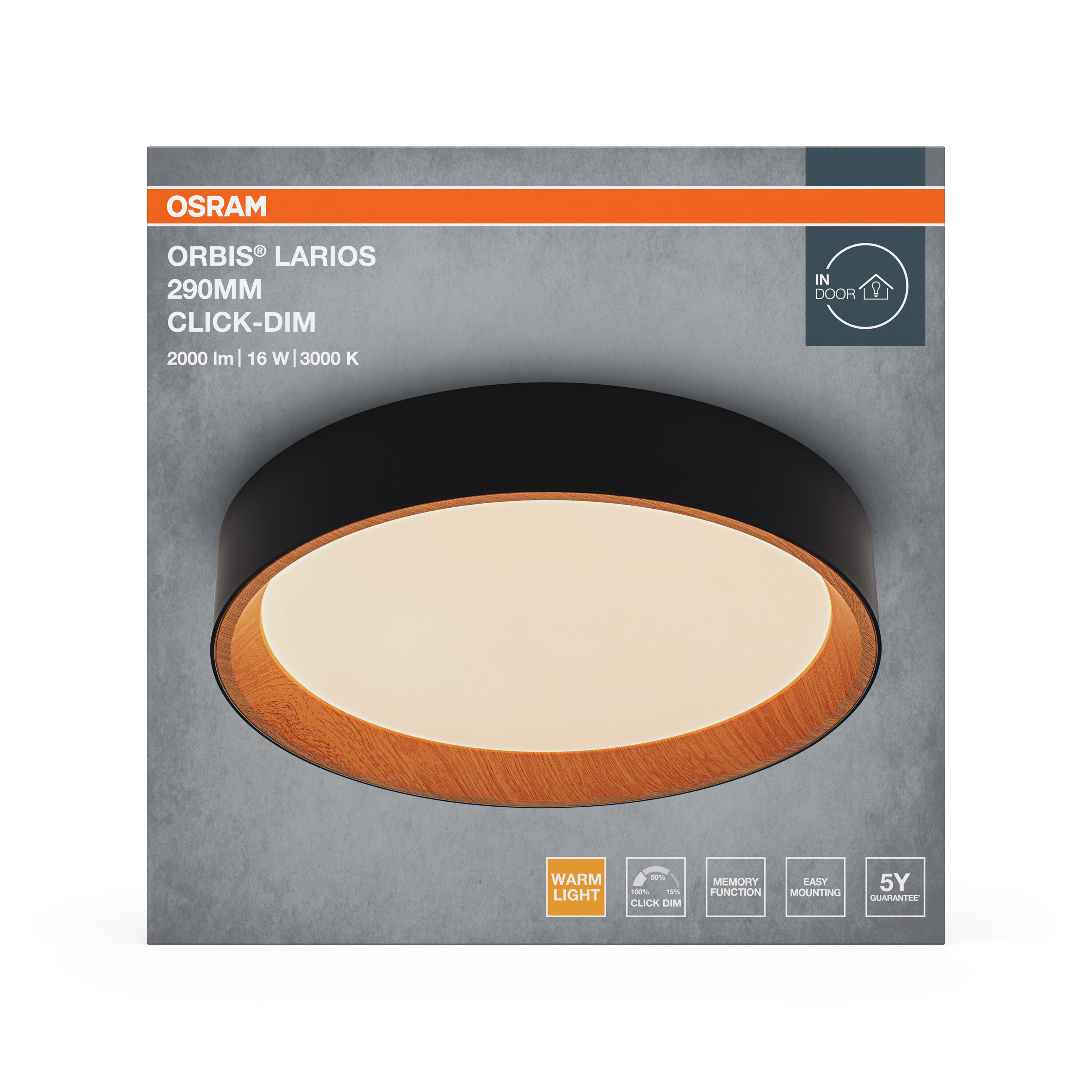 Osram Led Deckenleuchte "Orbis Larios", 290 mm, 16W, 830, Holzdekor/schwarz