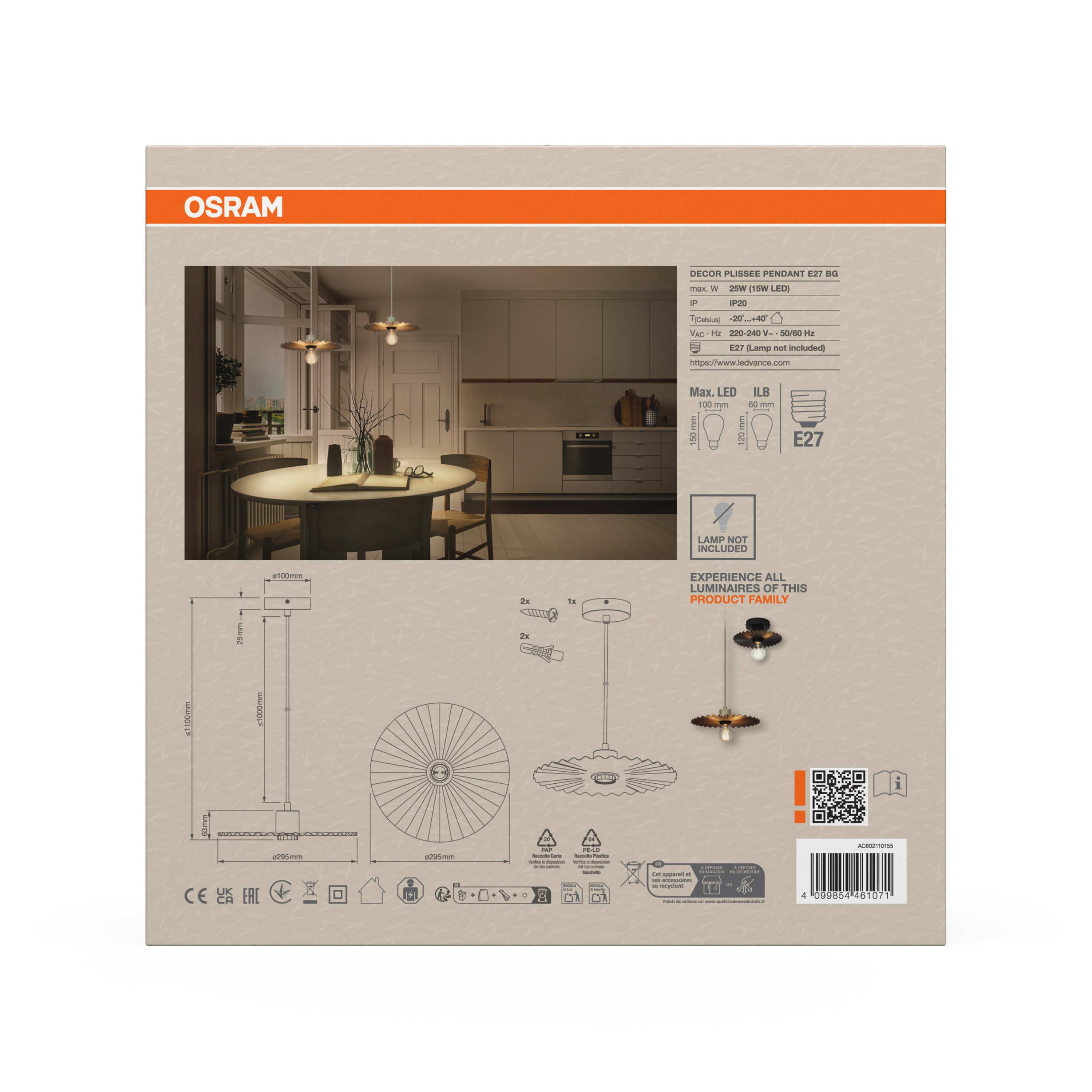 Osram Decor Plissee Pendelleuchte E27, schwarz