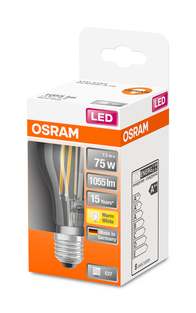 4058075112360_Packaging_image OSRAM LEUCHTMITTEL LED CLA75 FIL 7,5W/827 E27 230V