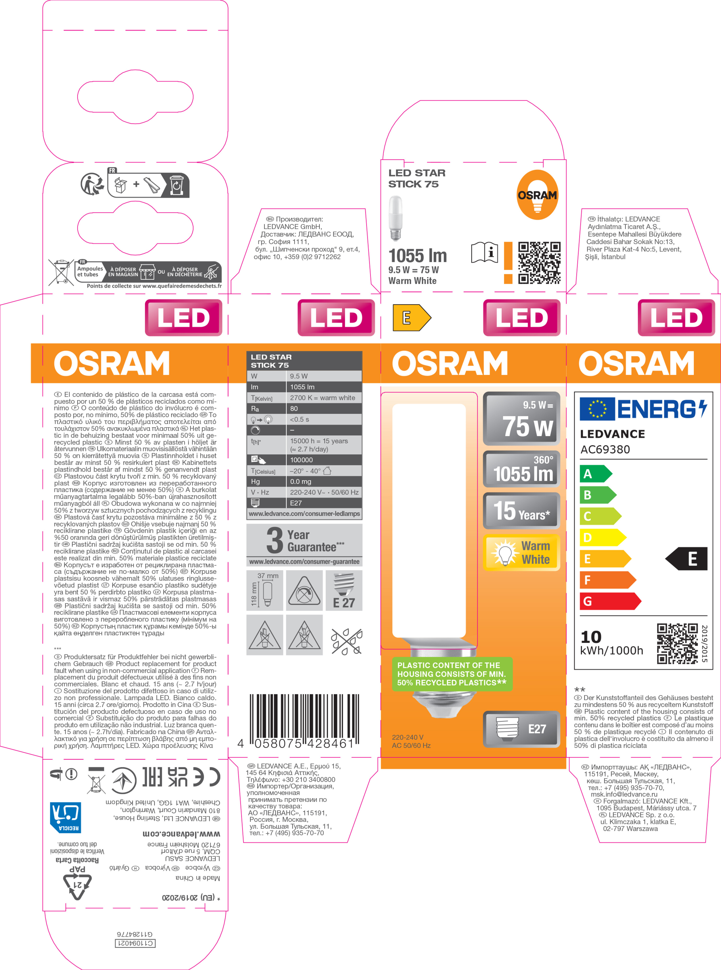 Osram Leuchtmittel LED Star Stick 75 FR 10 W/2700K, E27