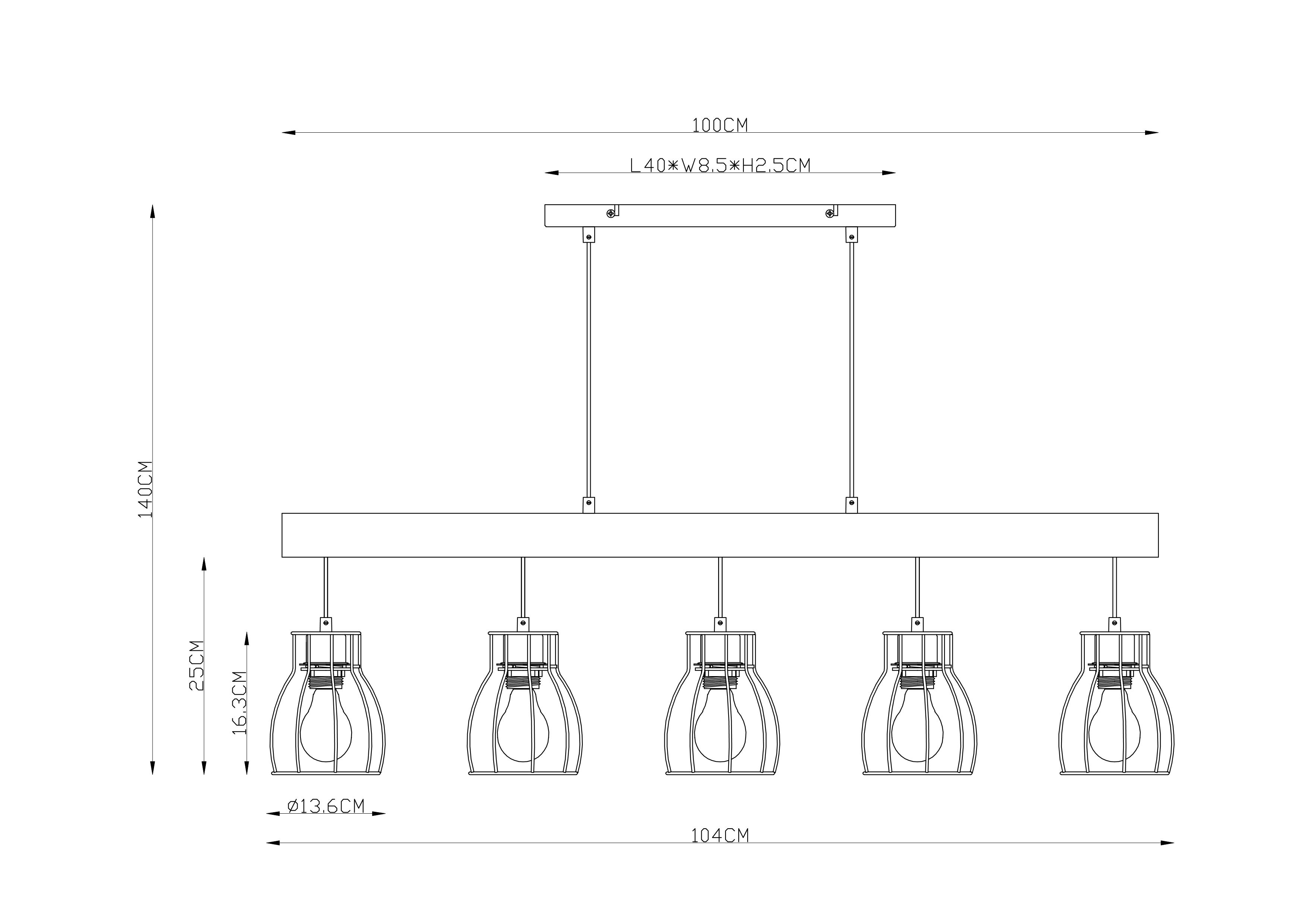 15326-5N_zld Globo Hängeleuchte, 5XE27, Metall Schwarz/Holz