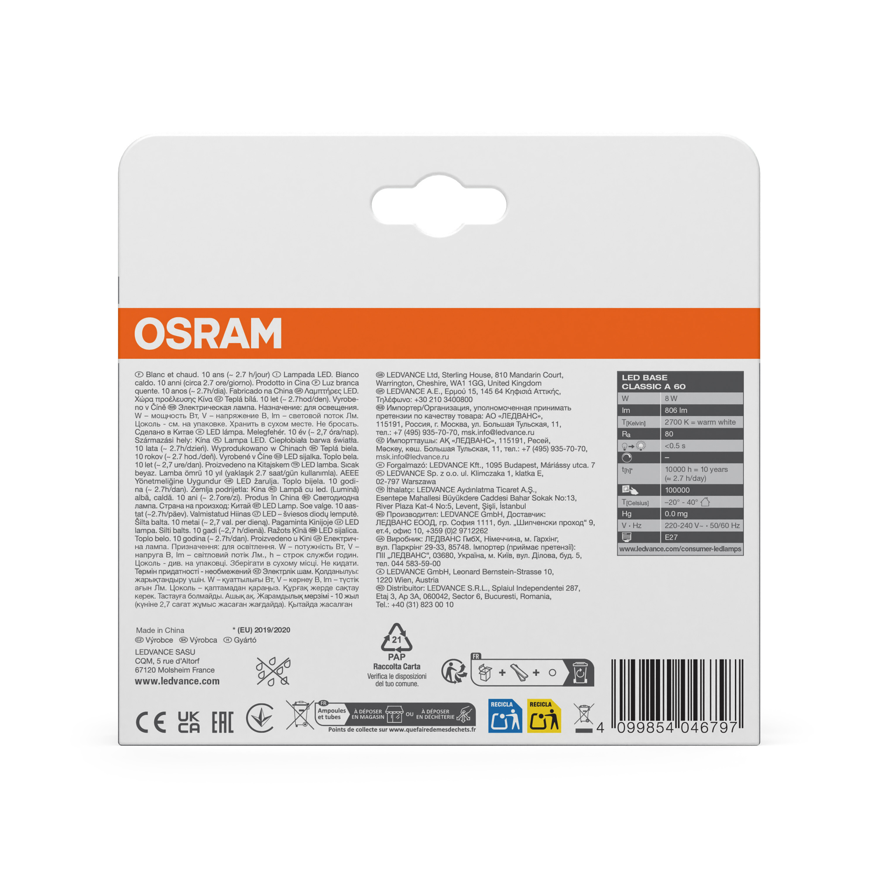 Osram LED Lampe Base Classic A60, E27, Warmweiß