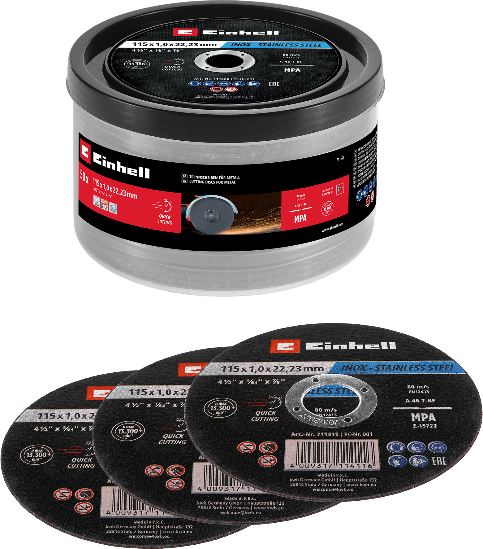 Einhell Inox-Gewebetrennscheiben-Set für Metall, gerade, extra du?nn, in Dose, 50-tlg., Ø 115 x 1 mm Einhell Inox-Gewebetrennscheiben-Set für Metall, gerade, extra du?nn, in Dose, 50-tlg., Ø 115 x 1 mm