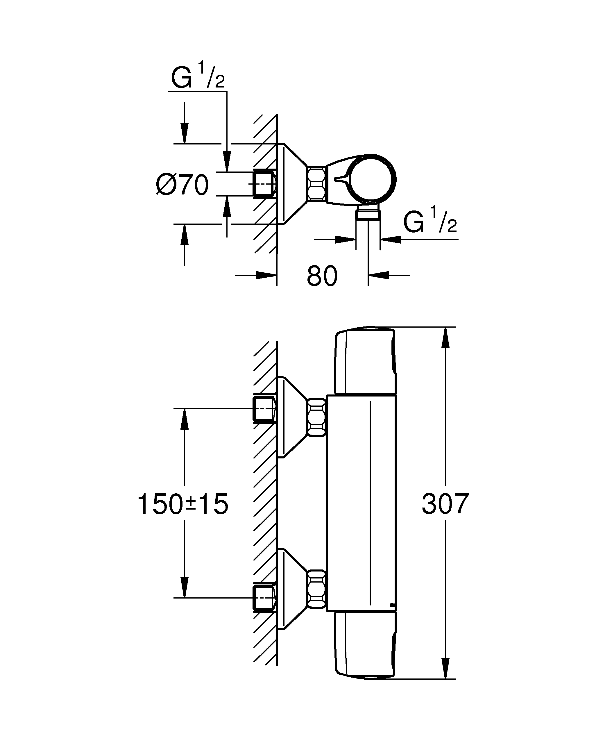 209956_02-Masszeichnung FRIEDRICH GROHE  THERMOSTAT  PRECISION TREND BRAUSE AUFPUTZ