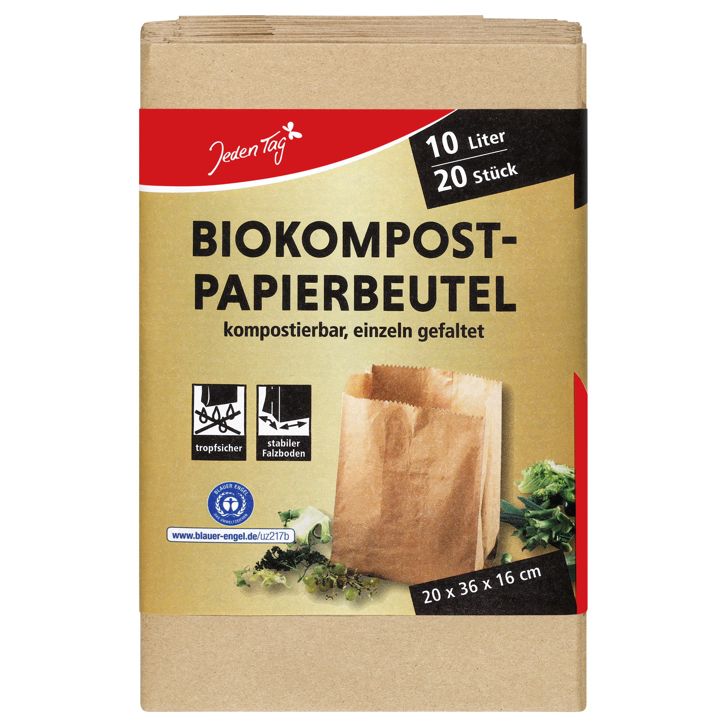 Jeden Tag Bio Papier-Müllbeutel mit Papierbanderole, 20 x 10 l