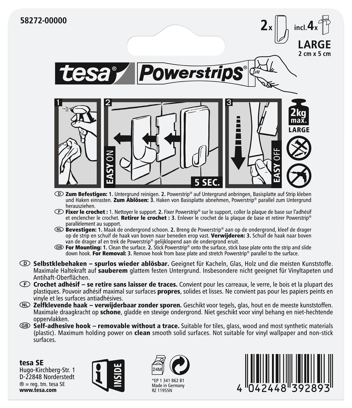 tesa_Powerstrips_hooks_582720000000_LI416_back_pa tesa Powerstrips Selbstklebehaken Large, Metall, weiß