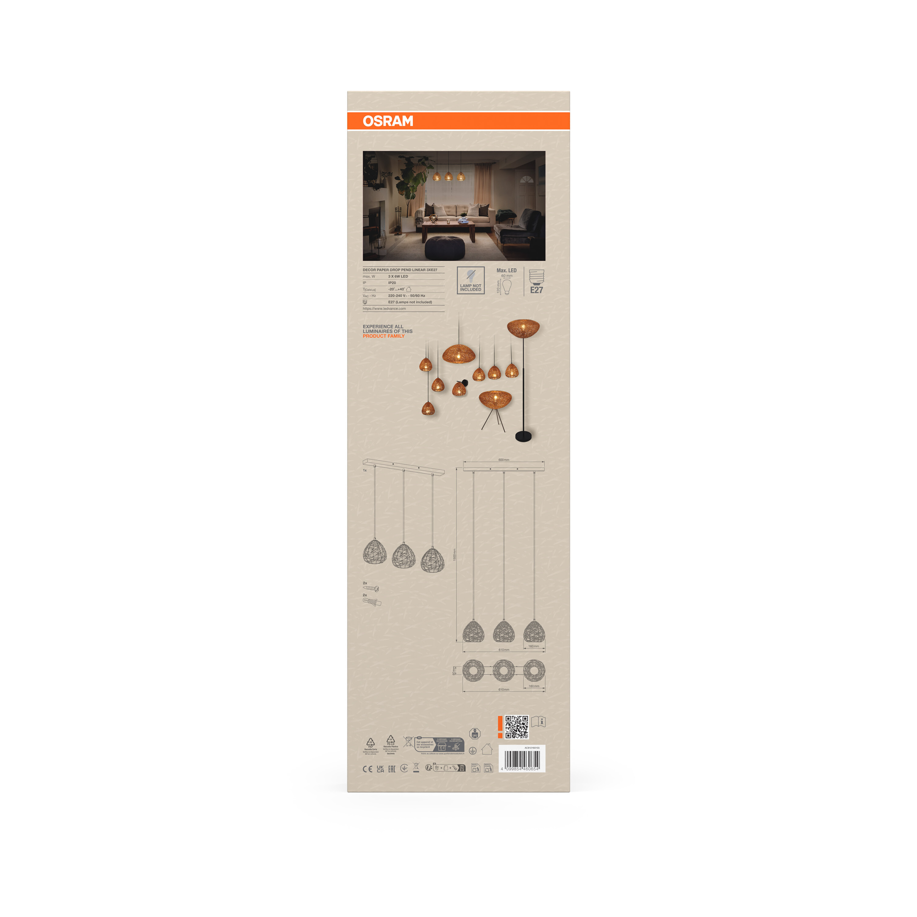 Osram Decor Pendelleuchte Linear, 3xE27, schwarz