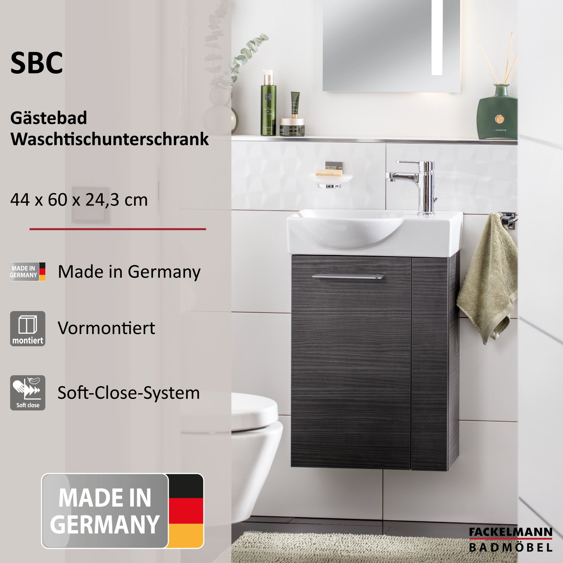 Fackelmann SBC Mini-Waschtischunterschrank 45, 440 x 600 x 243 mm, Dark-Oak-Optik