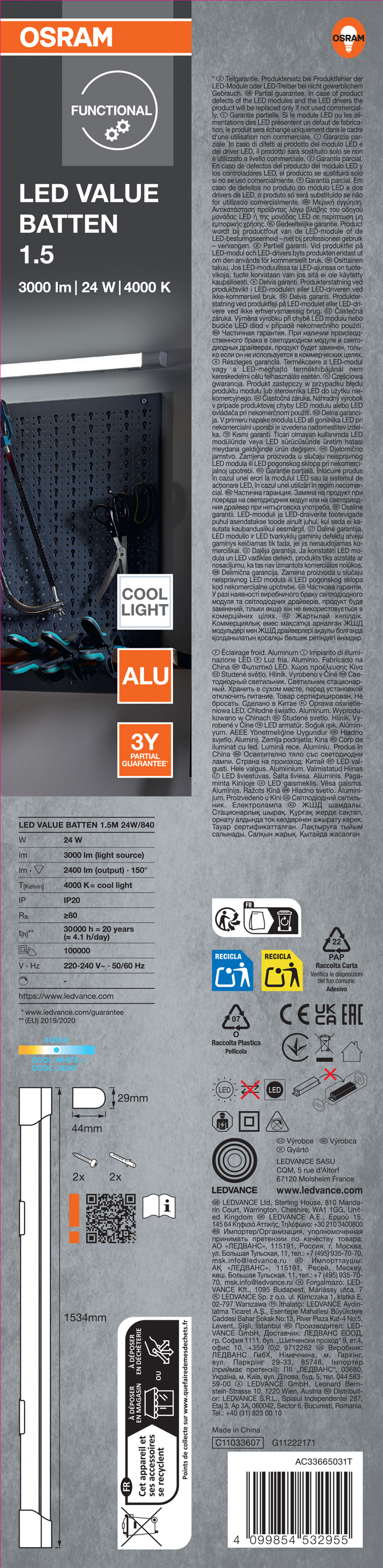 Osram Lichtleiste "LED Value Batten", 1500 mm, 24W, 4000K