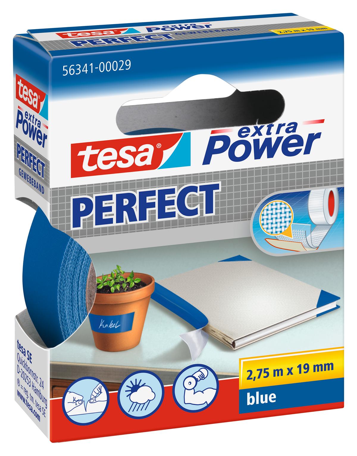 tesa extra Power Perfect Gewebeband, blau, 2,75 m